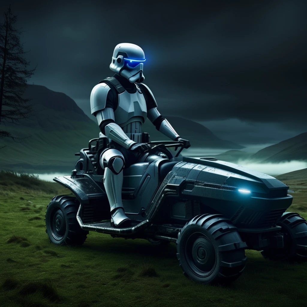 cyberpunk stormtrooper on a lawnmower, scottish highlands, intricate details, dusk, light rays, caustics, volumetric lighting, volumetric fog