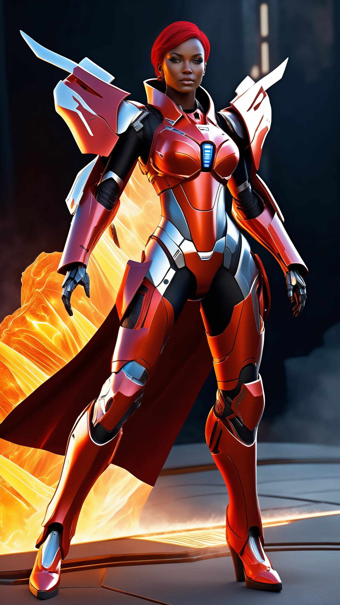 masterpiece, best quality, (photorealistic:1.4), (ultra detailed:1.3), mecha Female Techno-Warrior: A futuristic warrior with cybernetic legs for enhanced agility, a neural interface for advanced combat tactics, and a built-in energy shield, Midnight Nebula Bodysuit, Ruby Red Mage Robe with Fiery Ember Trims: The trims of the robe emit a gentle fiery glow, evoking the power of flames, cracked skin