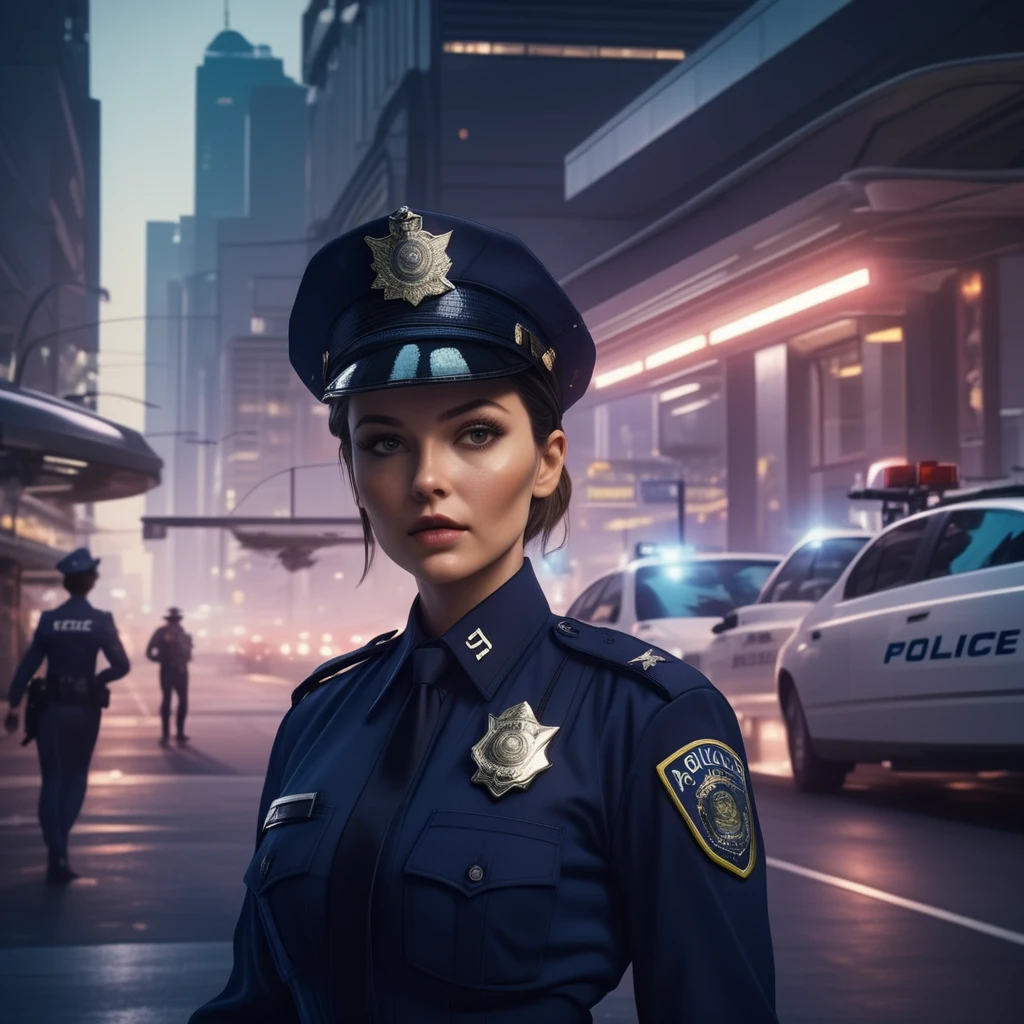 cinematic bust shot of a gorgeous elegant policewoman wearing a navy police uniform and a police hat, giving a ticket to a parked car at dawn in a solarpunk city, plants, bushes, flowers, sustainable, white elegant architecture, cinematic lighting, cyberpunk, noir cyberpunk, science fiction, futuristic, hovering cars, flying cars, drones