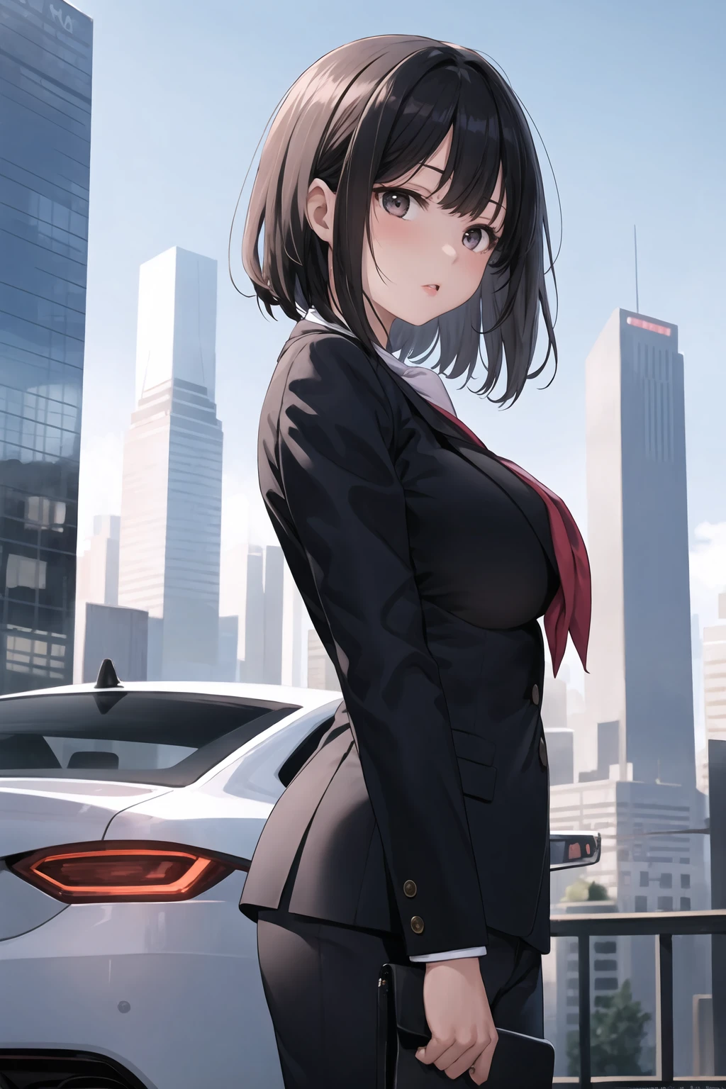 masterpiece, best quality, 1girl, medium black hair, bangs, blazer, formal shirt, neckerchief, large breast, city, [people], [skyscrapers], [cars]