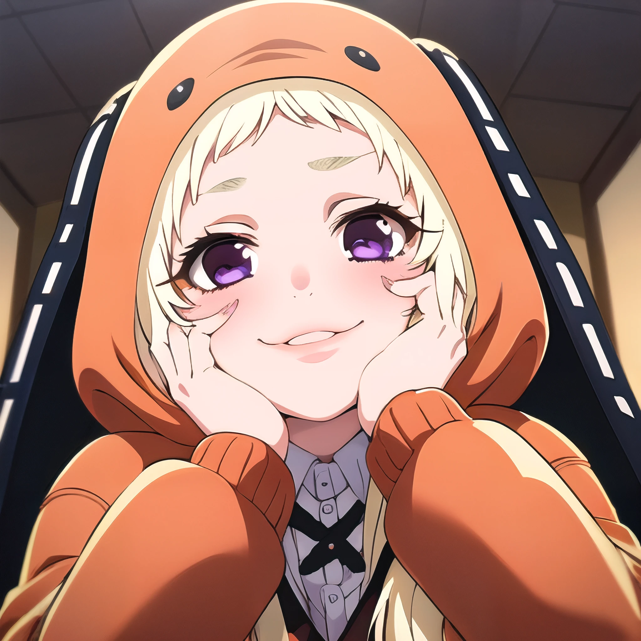 best quality, masterpiece, ultra-detailed, 1 girl, solo, yomozuki runa, blonde hair, purple eyes, long hair, kigurumi, school uniform, black animal ears, yandere trance, hands on own face, hands on own cheeks, yandere
