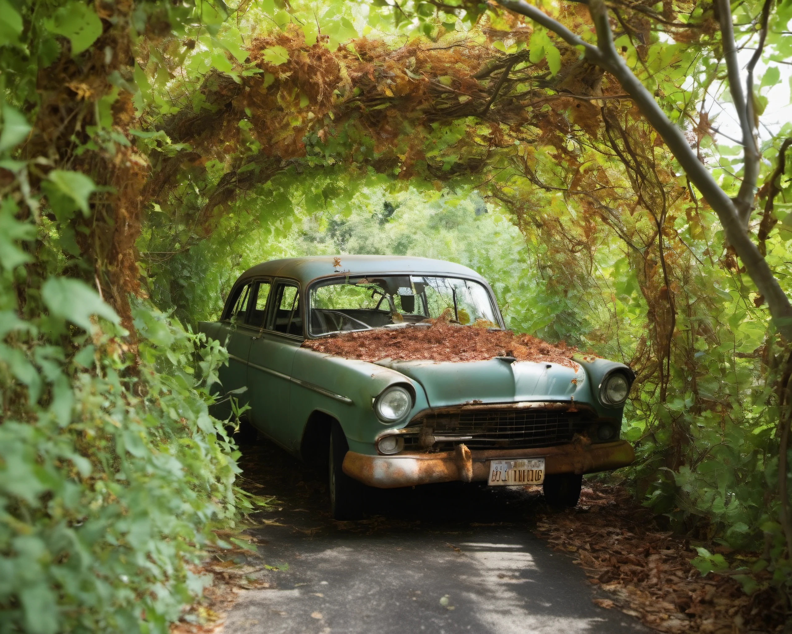 Envision highways and roads overgrown with vegetation, where rusted-out vehicles are entwined with vines. The once-bustling thoroughfares are now pathways for roaming wildlife, and the only sounds are the wind and the rustling of leaves, SZ_4poXL enviroment <lora:Post ApocalypticXL_v2:0.6>