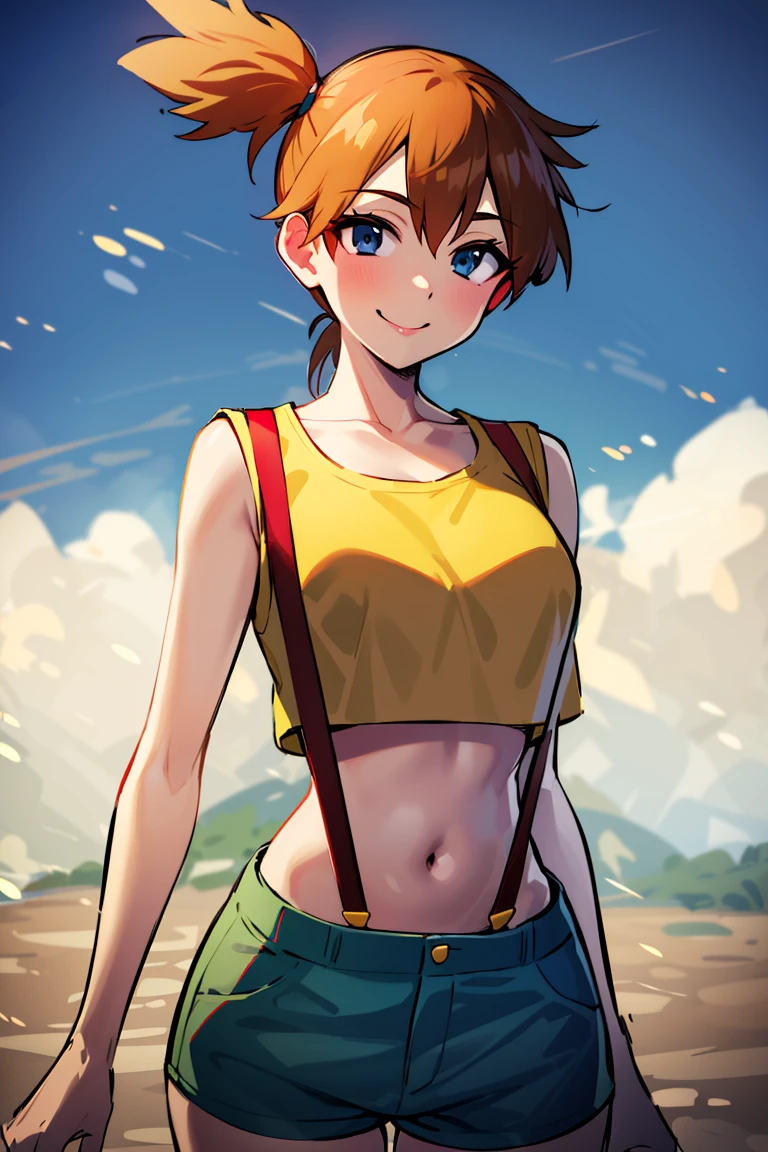 ((masterpiece,best quality)), absurdres,
<lora:Misty_Pokemon:0.8>, Misty_Pokemon, yellow crop top, suspenders, side ponytail,
solo, smiling, looking at viewer, cowboy shot,
cinematic composition, dynamic pose,