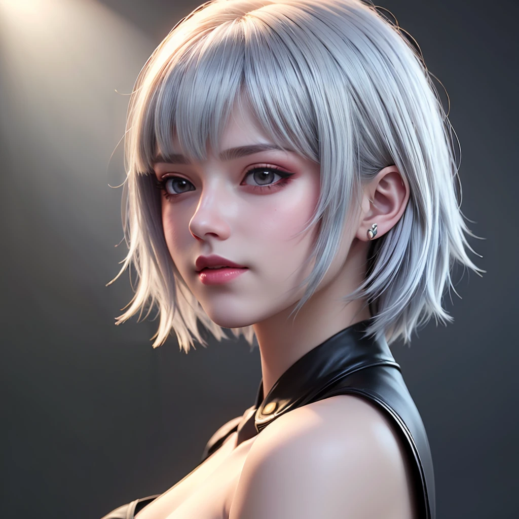 GIrl with mid neck height short white hair, in a spaceship, wearing a black leather swit, black lipstick , badass face, not too sexy