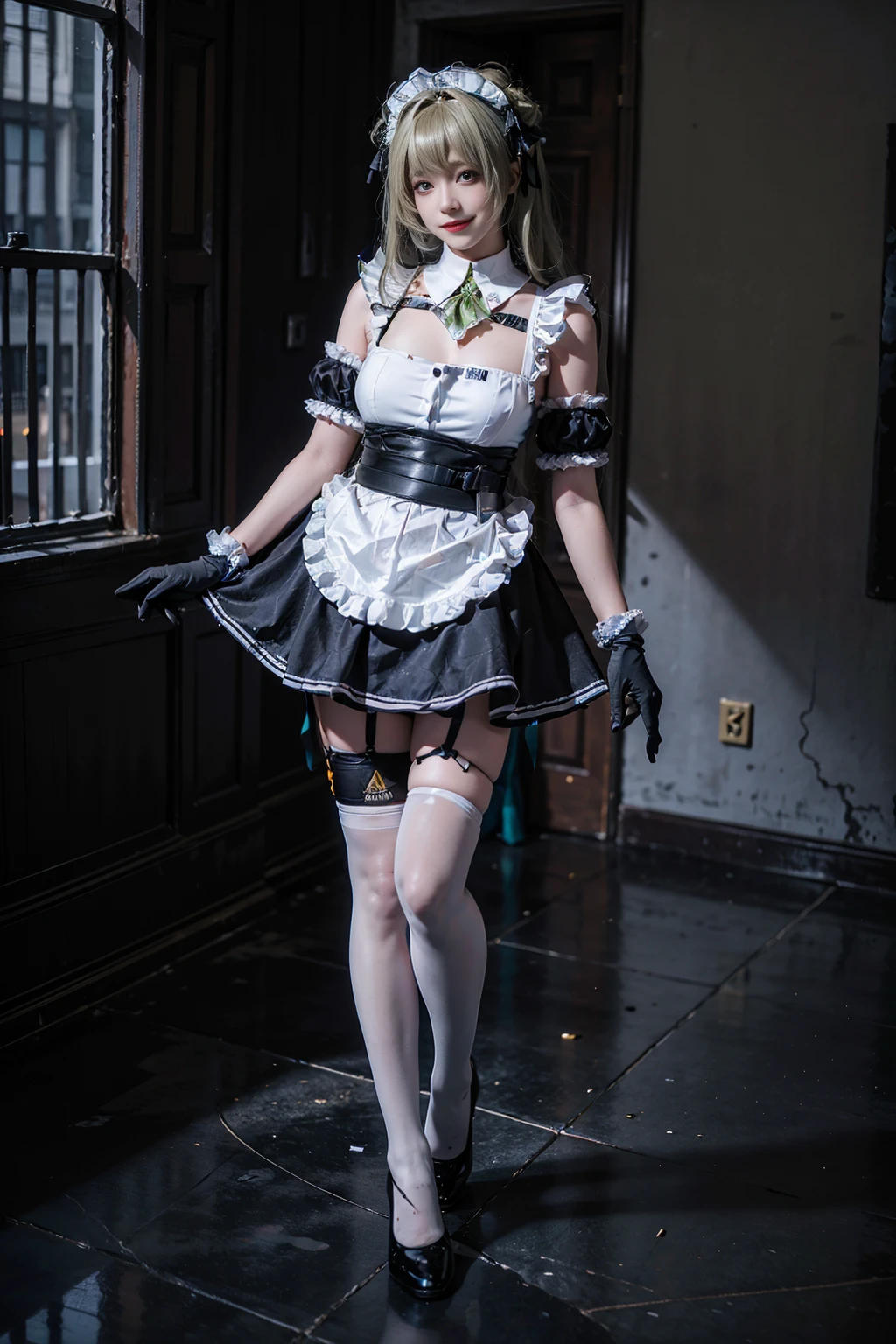 best quality, masterpiece, realistic, (photorealistic:1.4), 1girl, solo, full body, smile, sodasoda cosplay costume, cosplay, gloves, maid headdress, thighhighs, arm garter, <lora:nikke_soda_costplay_costume_v1:0.65>