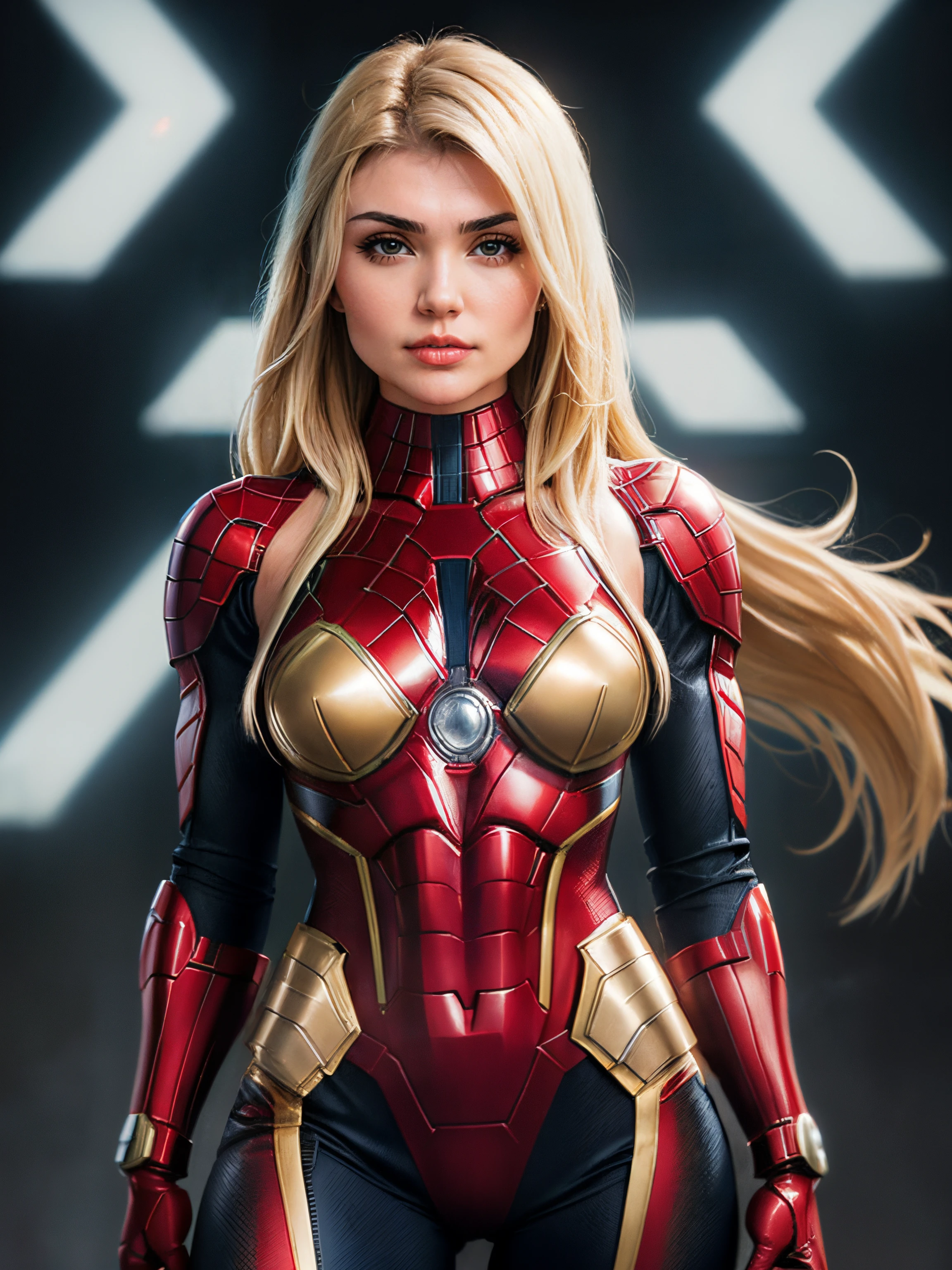 A tall full body, slender yet athletic alien female wearing an intricately crafted exoskeleton armor battle suit enveloping her whole body in a striking blood red color with violet and yellow royal insignia. Her smooth peach skin tone uniquely contrasts with her long flowing sandy blonde hair, angular exotic facial features including sharp cheekbones, and mesmerizing electric blue eyes with sparks of gold. The hyper realistic render should portray her full length from head to toe at high resolution to effectively showcase her powerful presence along with the superseded beauty and strategic genius that has enabled her unrelenting rise across celestial hierarchies.