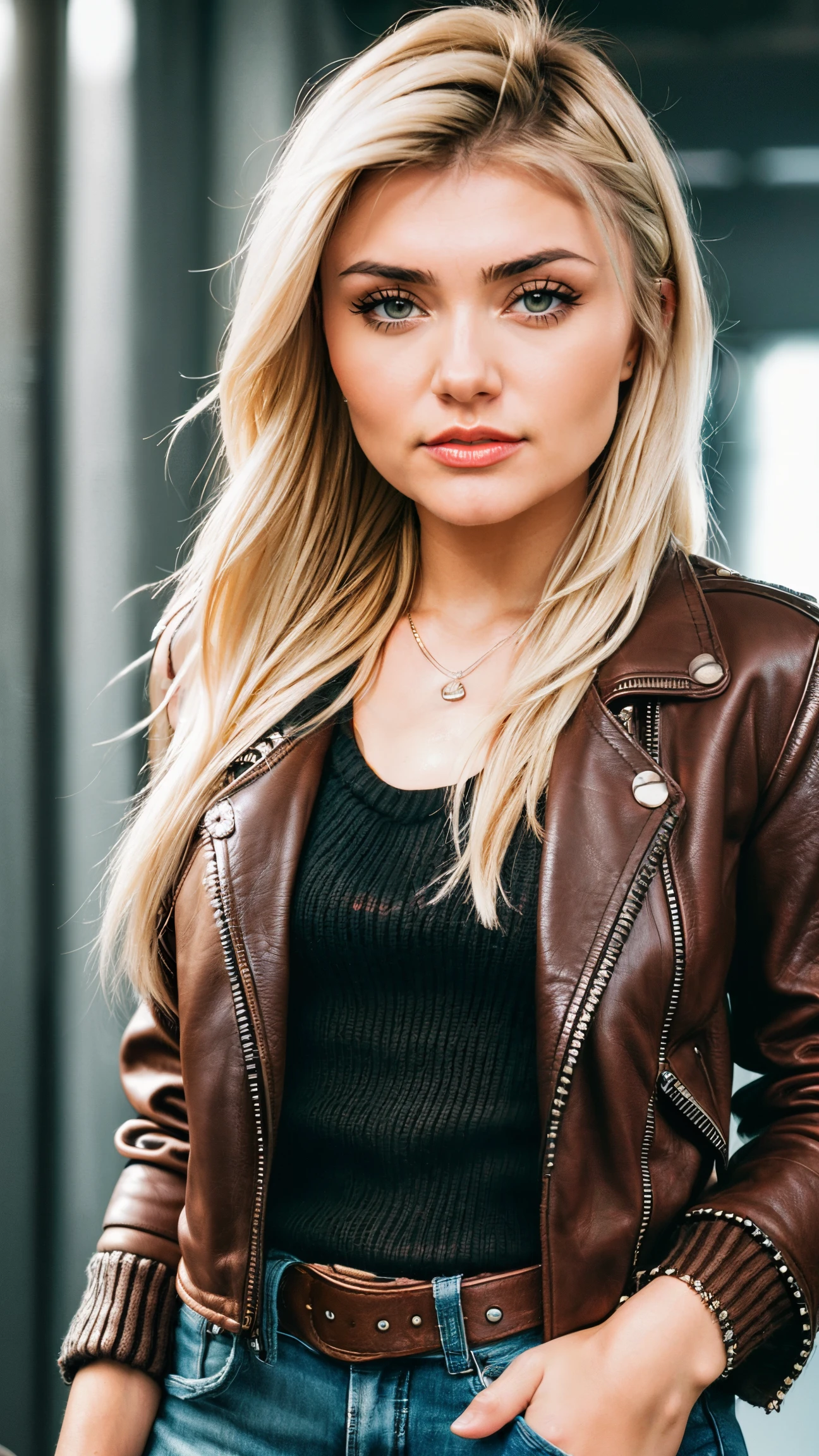 closeup headshot of adrae, RAW photo of an gorgeous woman, long blonde hair, (wearing a knitted weater and a leather jacket:1.2), 150mm professional photography, full detail, detailed face, 8k uhd, dslr, soft lighting, high quality, film grain, Sony A7III, <lora:epiNoiseoffset_v2:0.6>