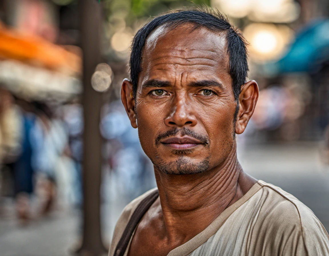 photograph of man from cambodia 46 year old walking on city street, looking at viewer, close up , skin, 8k, highly detailed, nikon, dslr, hdr, 100-400mm lens, composition, best composition, classic, (blurry:1.2)