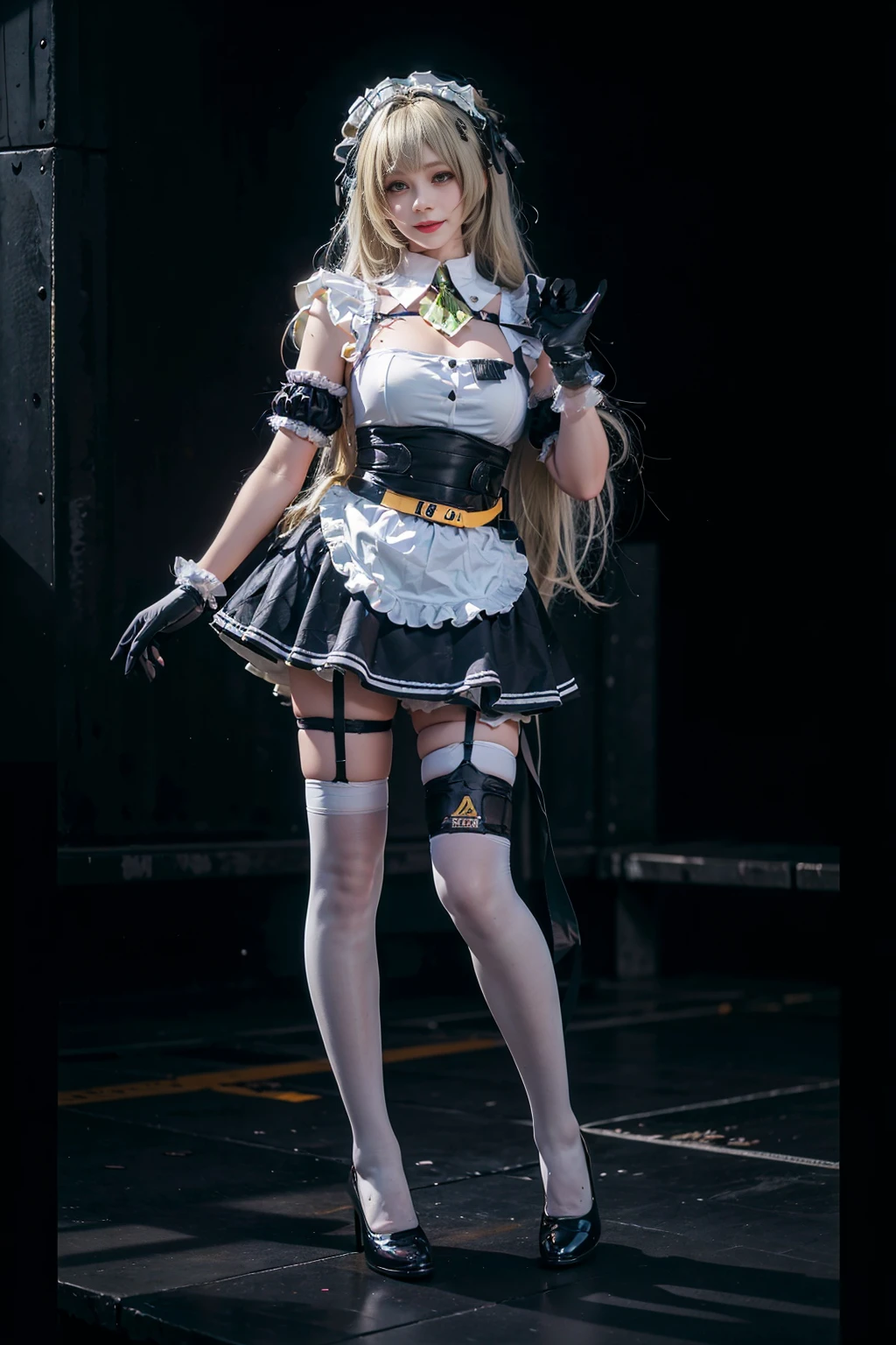 best quality, masterpiece, realistic, (photorealistic:1.4), 1girl, solo, full body, smile, sodasoda cosplay costume, cosplay, gloves, maid headdress, thighhighs, arm garter, <lora:nikke_soda_costplay_costume_v1:0.65>