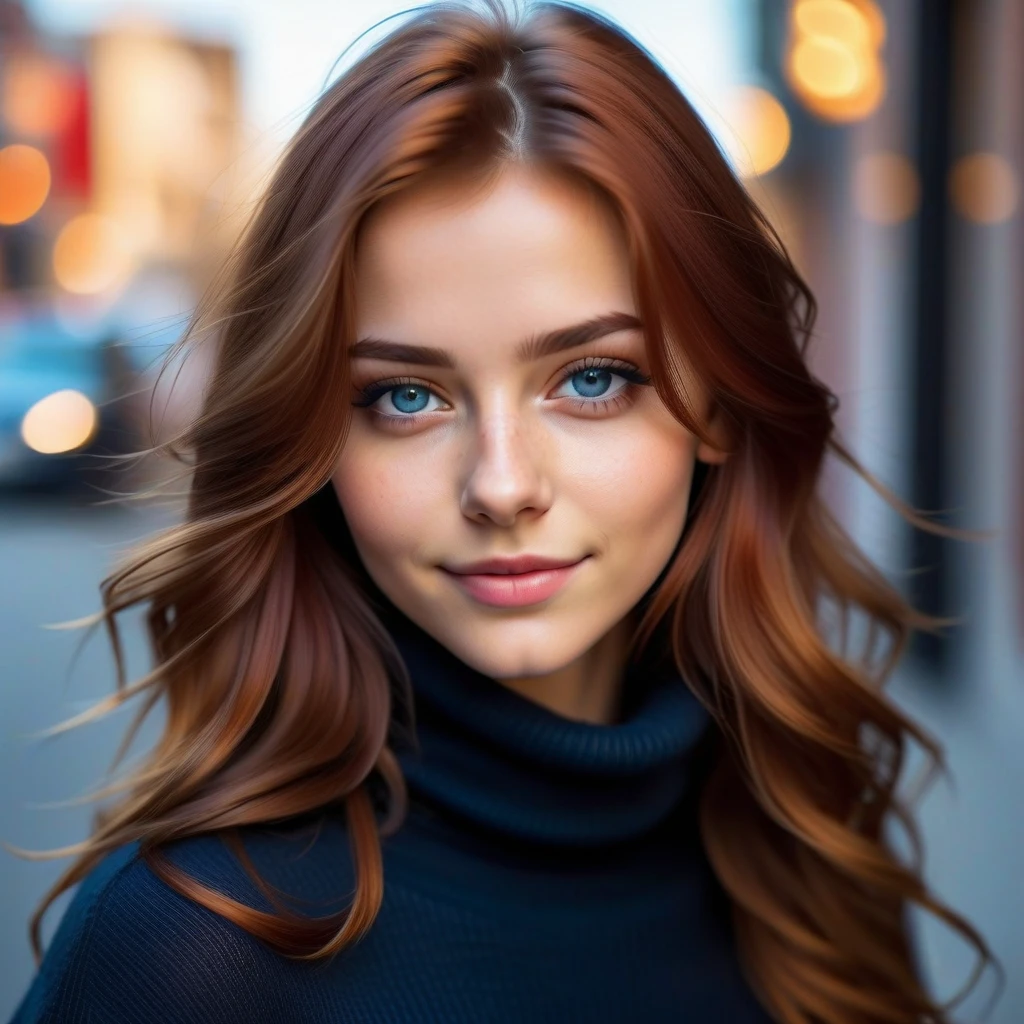(best quality), (masterpiece), (cinematic lighting), (high detailed skin:1.0), (large pores), detailed eyes, 8k uhd, dslr, best quality, film grain, Fujifilm XT3, Leica 50mm, f1. 4
detailed and ultra_realistic close:0.8 portrait of 1girl, 18 year old, blue eyes, red_hair, long_hair, closed_mouth, lips, smile, long_hair, looking_at_viewer, wearing a black sweater, turtleneck, shot outside, 