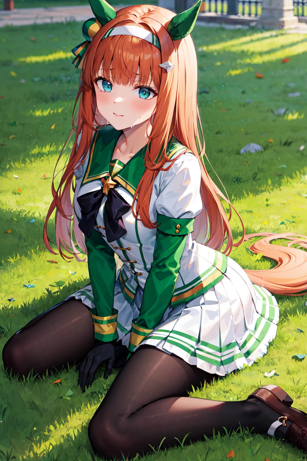 masterpiece, best quality, highres, aasuzuka, long hair, animal ears, ear covers, white hairband, horse tail, green sailor collar, black bow, white shirt, layered sleeves, green sleeves, black gloves, white skirt, black pantyhose, <lora:silence_suzuka_v1:0.7>, grass, wariza, sweat, shoes,