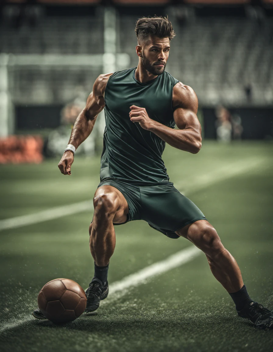 photograph of man 26 year old kicking a football in a stadium, close up, muscular and athletic , skin, 8k, highly detailed, nikon, dslr, hdr, 100-400mm lens, composition, best composition, classic, (blurry:1.2)