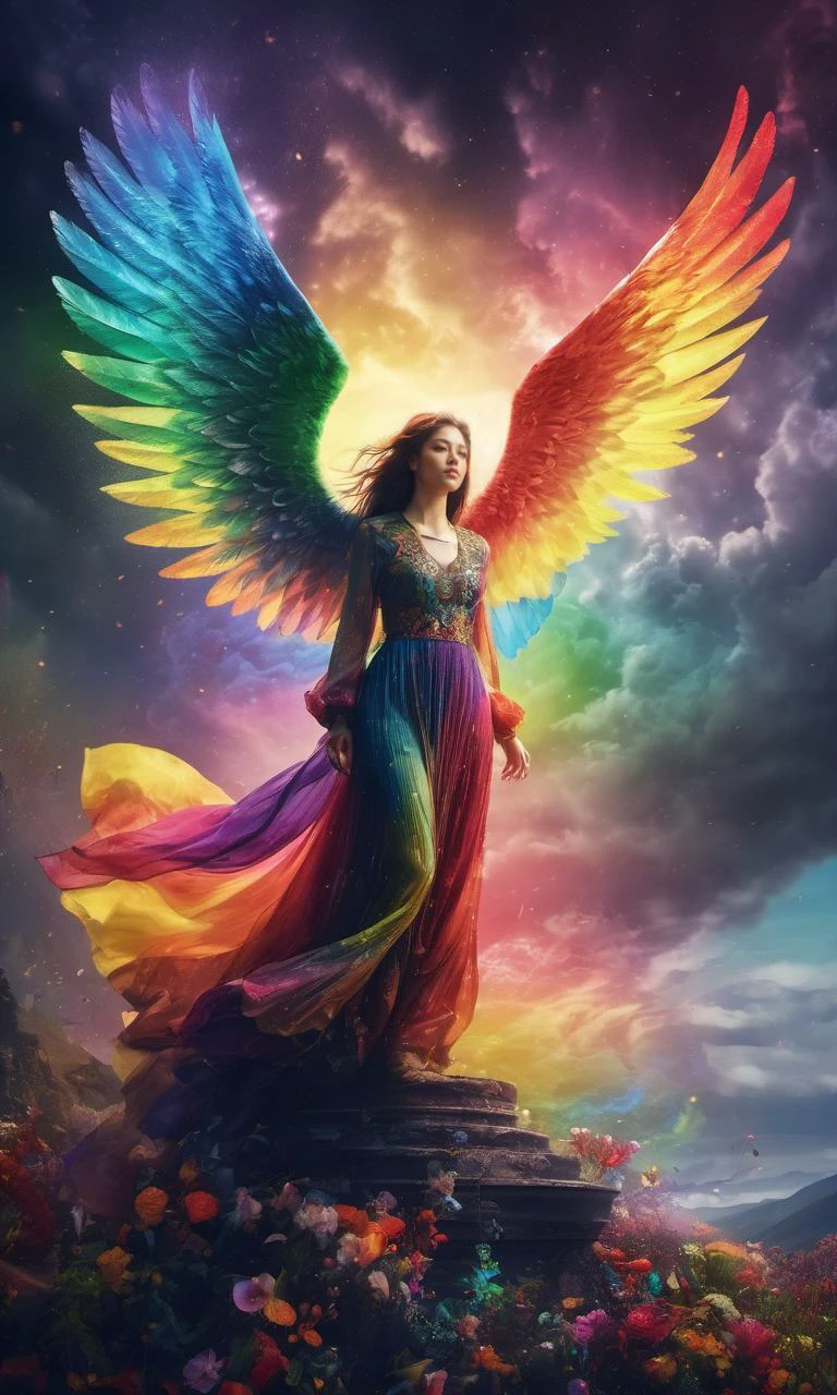 xxmixgirl,(Temperance in heaven, life and eternity, rainbow:1.4). (Full body shot:1.2), intricate, dark fantasy, ultra detailed, surrealism, weird, expression art, grand scale, epic, zoomed out, wide angle, perfect hands.,Xxmix_Catecat