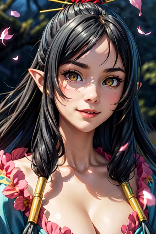 (masterpiece:1.2), (best quality), (ultra detailed), (8k, 4k, intricate),(full-body-shot:1), (highly detailed:1.2),(detailed face:1.2), (detailed background),detailed landscape, ((portrait)), (dynamic pose:1.2), <lora:more_details:0.5>, <lora:tio:0.7>tioklarus 1girl, solo, long hair,light smile, breasts, large breasts, black hair, hair ornament, cleavage, yellow eyes, japanese clothes, pointy ears, bracelet, petals