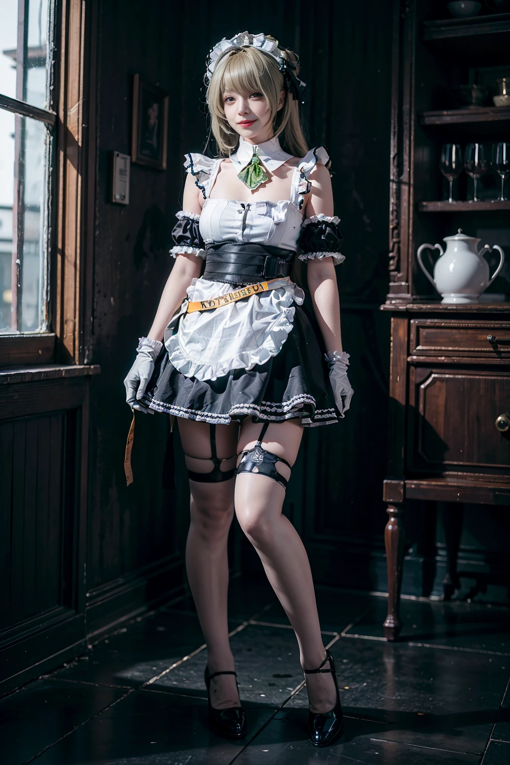 best quality, masterpiece, realistic, (photorealistic:1.4), 1girl, solo, full body, smile, sodasoda cosplay costume, cosplay, gloves, maid headdress, thighhighs, arm garter, <lora:nikke_soda_costplay_costume_v1:0.65>