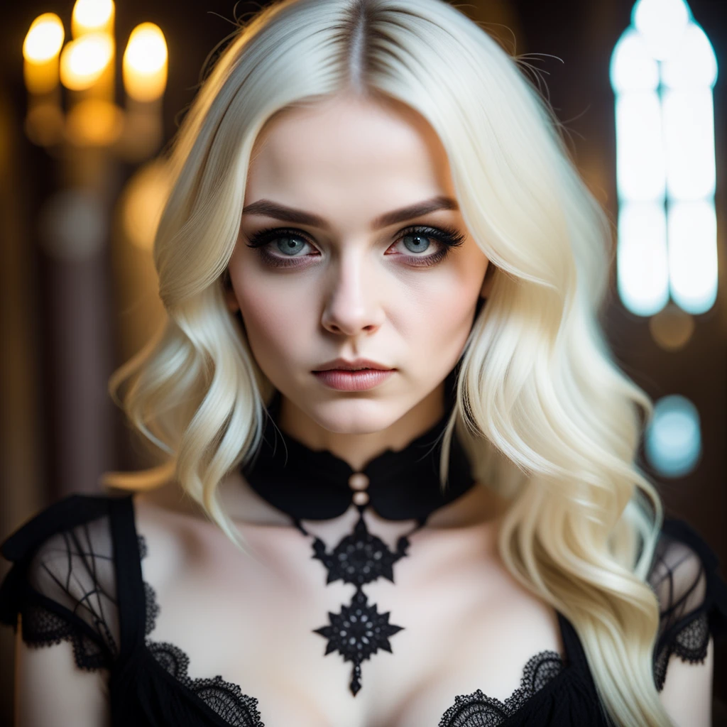 Thorough, analog style, eye focus, highest quality, (highly detailed skin), photo of a exquisitely beautiful pale skin emo ukranian girl, 21yo, (wearing a dark gothic dress), perfect face, alluring eyes, [seductive makeup], skin pores, (piercing:0.5), indoor, obscure catedral, (bokeh:0.6), sharp focus, dappled lighting, (backlighting:0.7), film grain, photographed on a Sony A7R IV, 18mm F/1.7 cine lens, (highly detailed, intricately detailed), 8k, HDR, seductively posing, front view, (uppper body:1.15)