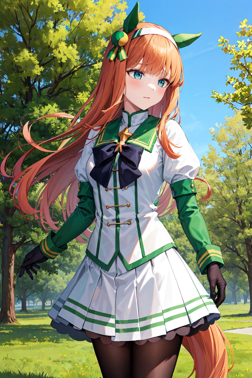 masterpiece, best quality, highres, aasuzuka, long hair, animal ears, ear covers, white hairband, horse tail, green sailor collar, black bow, white shirt, layered sleeves, green sleeves, black gloves, white skirt, black pantyhose, <lora:silence_suzuka_v1:0.7>, standing, cowboy shot, outdoors