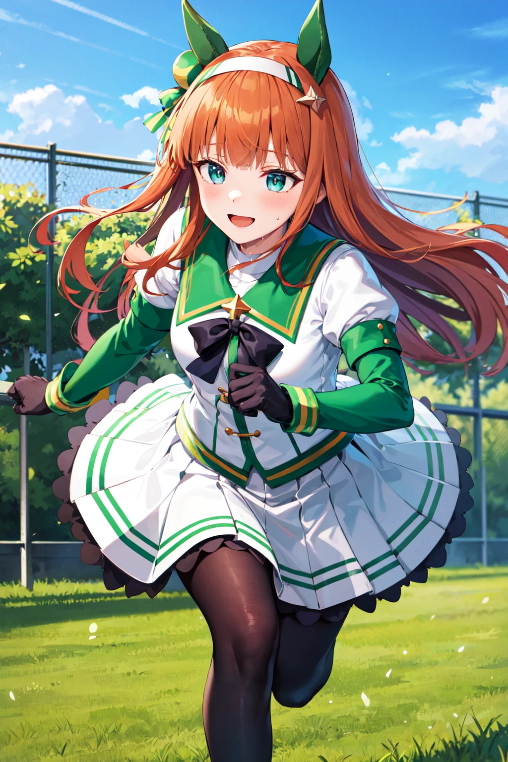 masterpiece, best quality, highres, aasuzuka, long hair, animal ears, ear covers, white hairband, horse tail, green sailor collar, black bow, white shirt, layered sleeves, green sleeves, black gloves, white skirt, black pantyhose, <lora:silence_suzuka_v1:0.7>, grass, wooden fence, (running:1.2), smile, open mouth, sweat