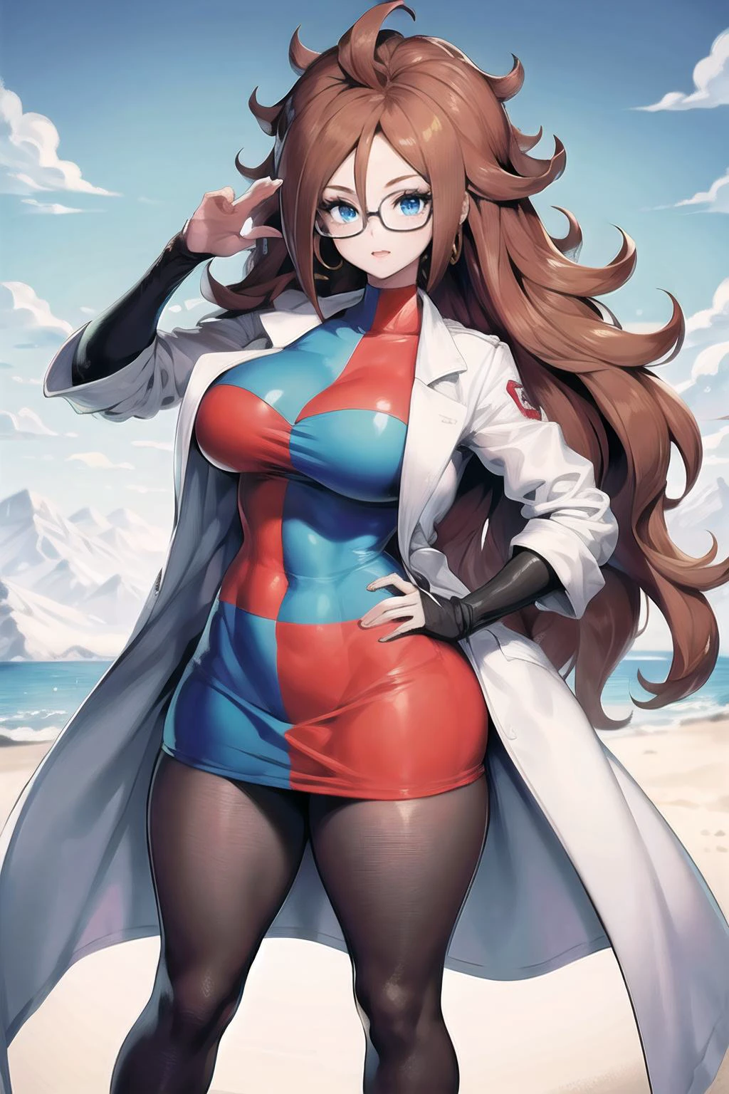 android_21_labcoat,labcoat,coat,dress,curly hair,very long hair,checkered,glasses,blue eyes,brown hair,two-tone dress,large breasts,black legwear,collarbone,thick thighs, masterpiece,best quality,ultra detailed, 8k, 4k,highly detailed, scenery,pose,solo,
