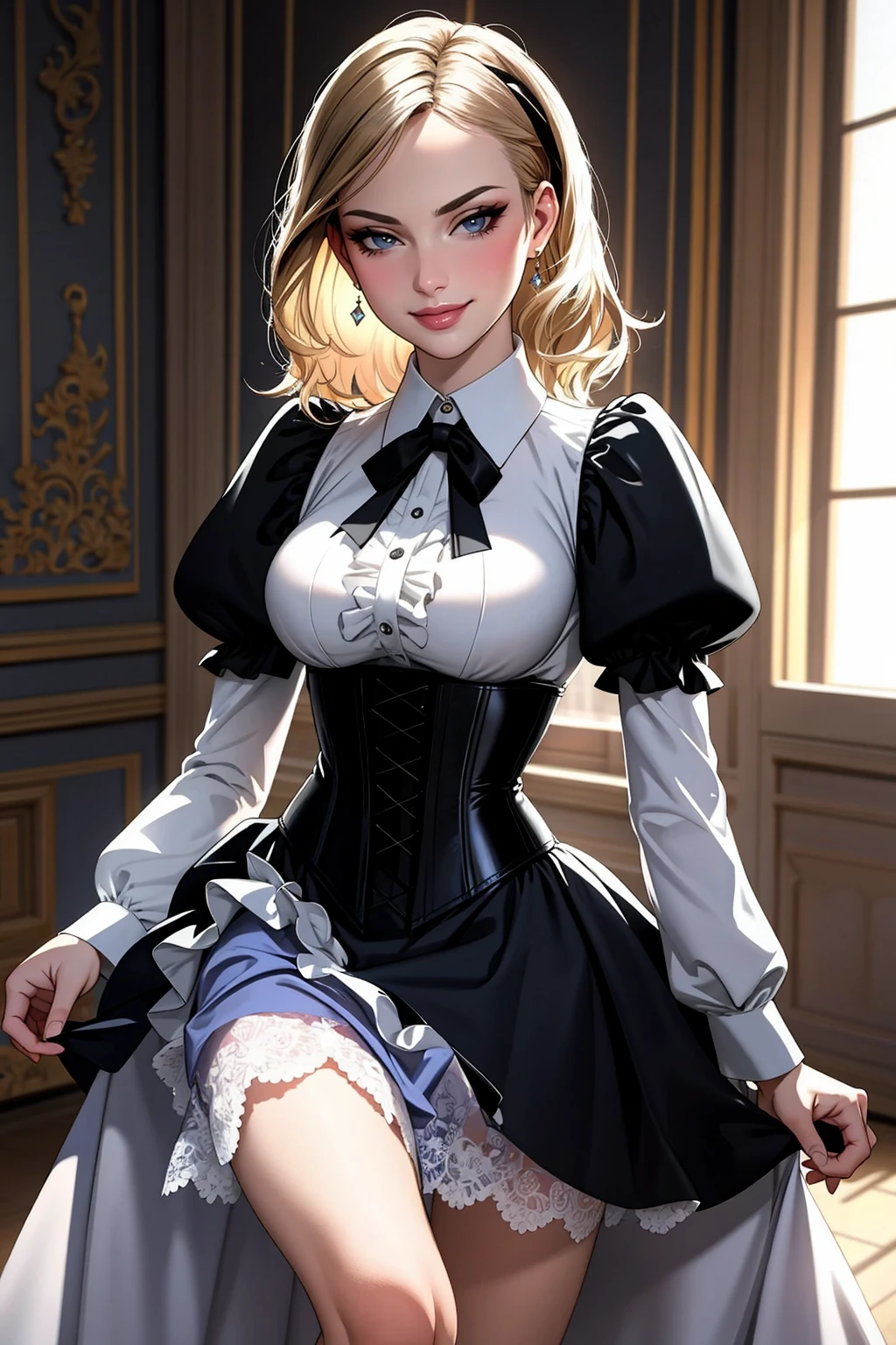 ((Masterpiece, best quality)), edgQuality,smirk,smug,
Haute_Couture,edgCT, a woman in a ([blouse,chic top|designer dress]::0.775) ,wearing edgCT,frilly skirt,corset,
 <lora:edgLycorisChic:0.8>