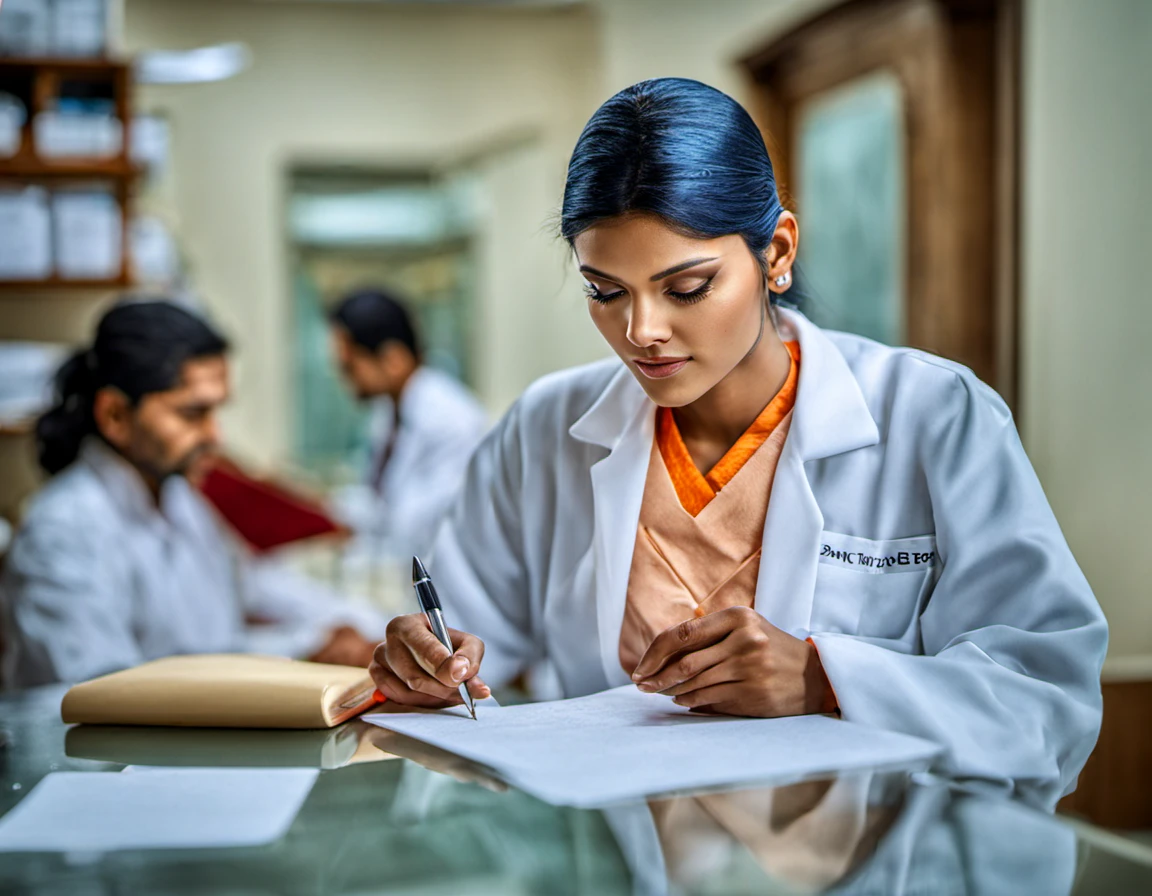 photograph of woman named Aarti from pune 46 year old doctor writing a prescription , skin, 8k, highly detailed, nikon, dslr, hdr, 100-400mm lens, composition, best composition, classic, (blurry:1.2)