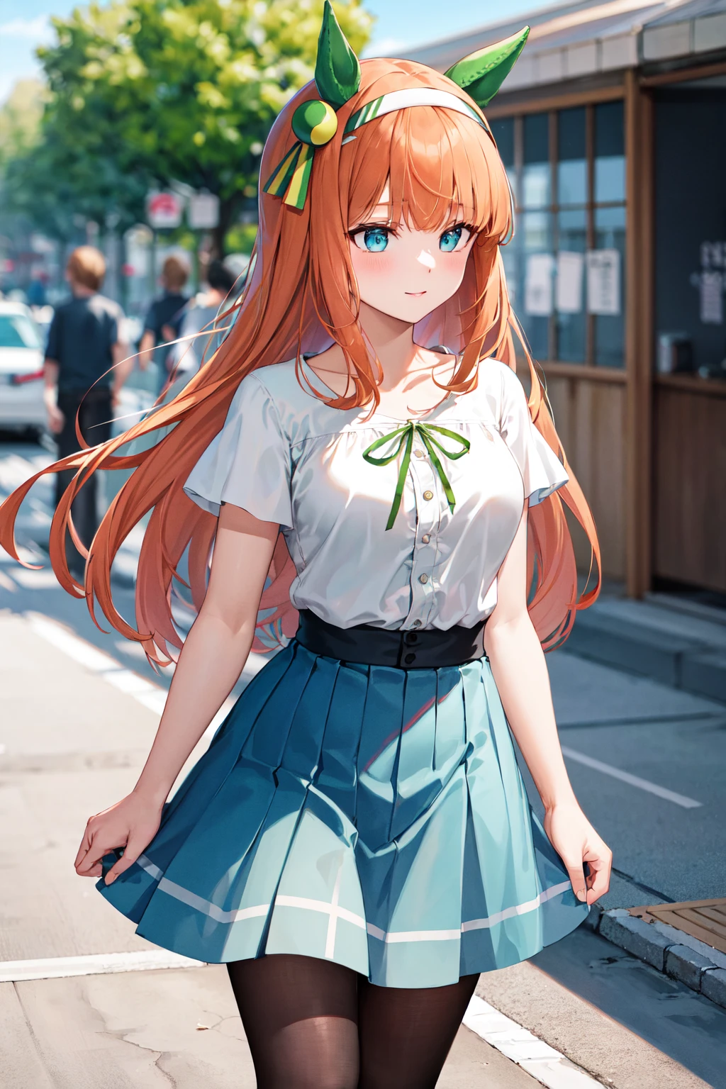 masterpiece, best quality, highres, ccsuzuka, long hair, animal ears, ear covers, white hairband, horse tail, white shirt, green ribbon, short sleeves, blue skirt, black pantyhose, <lora:silence_suzuka_v1:0.7>, street, standing, cowboy shot