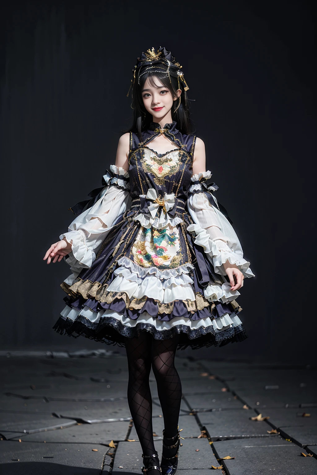 best quality, masterpiece, realistic, (photorealistic:1.4), 1girl, solo, full body, smile, cns dress, black pantyhose, detailed background, standing, <lora:cns_dress_style5_v1:0.7>