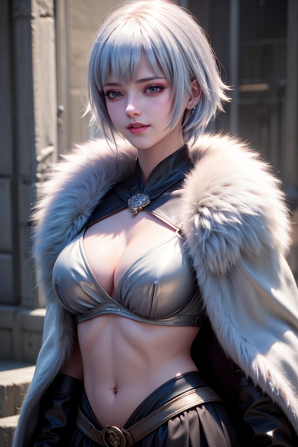 face lighting,bright backlight,medium breasts,super high resolution,best quality,Photos,4k,(Realistic:1.2),1girl,fair_skin,(silver hair:1.2),<lora:girl_10:0.7>,smile,bust,fur garment,leather skirt,
