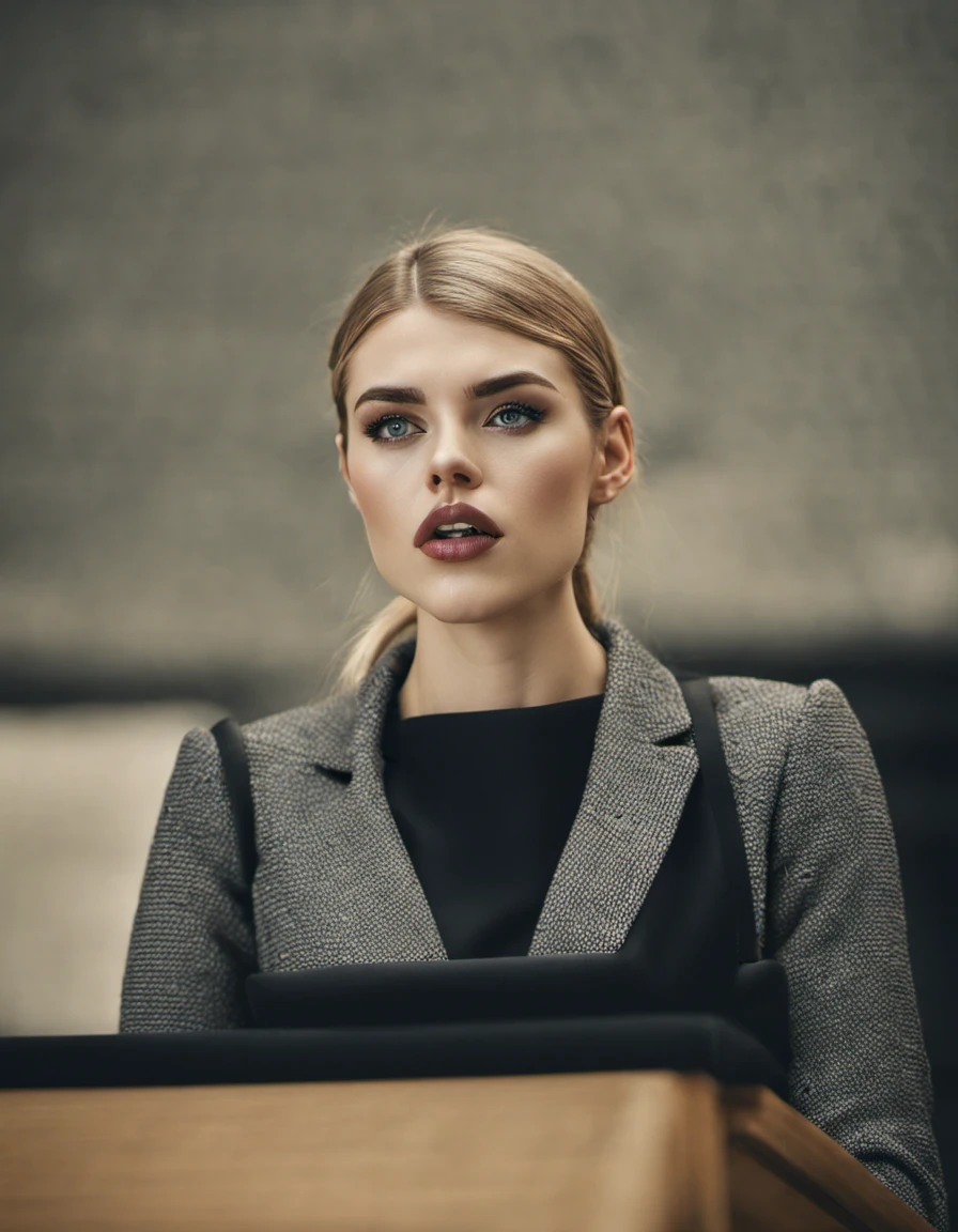 photograph of woman 26 year old demonic CEO giving a speech, full shot , skin, 8k, highly detailed, nikon, dslr, hdr, 100-400mm lens, composition, best composition, classic, (blurry:1.2)