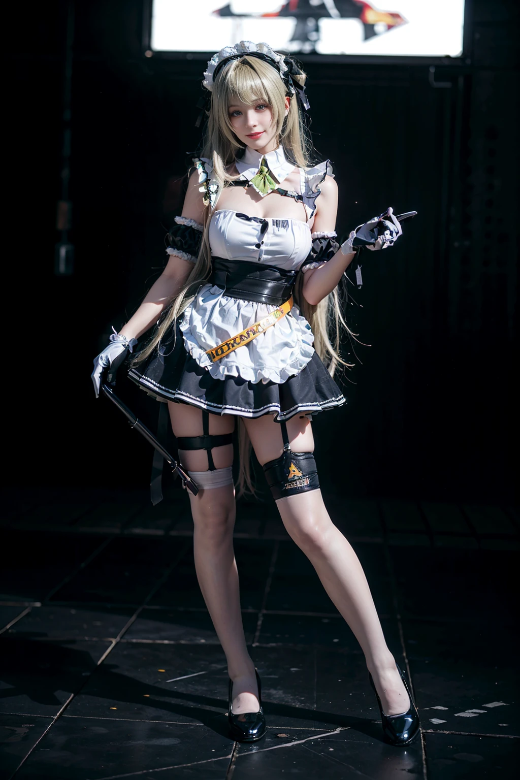 best quality, masterpiece, realistic, (photorealistic:1.4), 1girl, solo, full body, smile, sodasoda cosplay costume, cosplay, gloves, maid headdress, thighhighs, arm garter, <lora:nikke_soda_costplay_costume_v1:0.65>