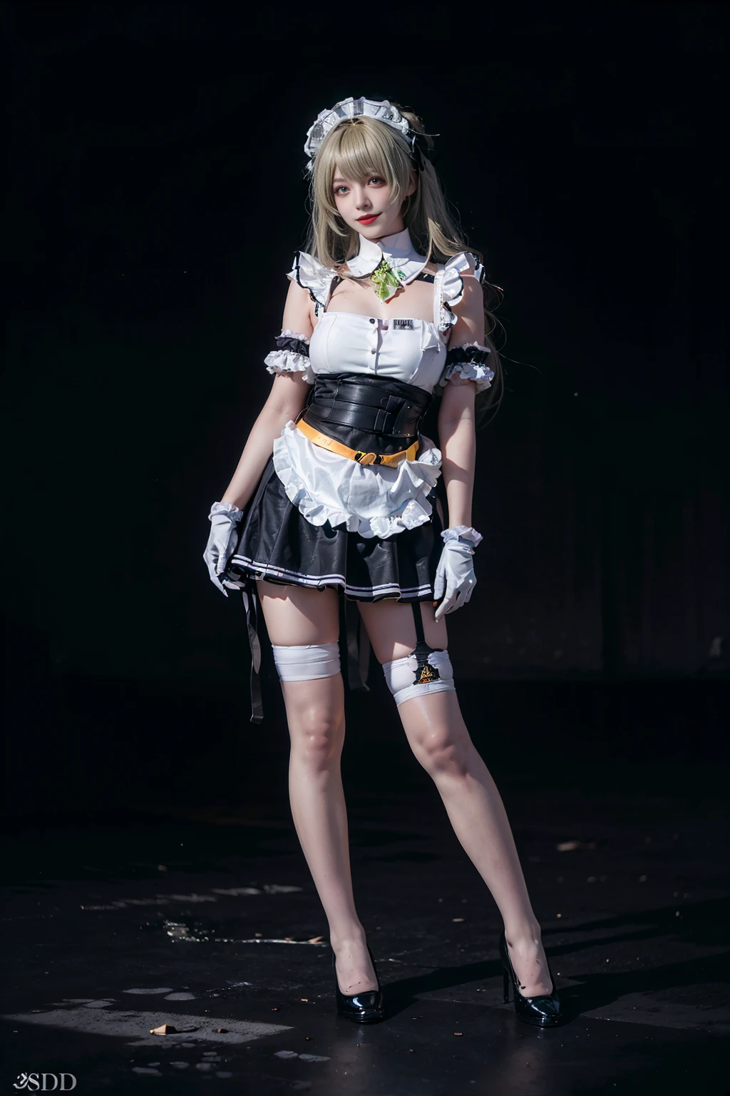 best quality, masterpiece, realistic, (photorealistic:1.4), 1girl, solo, full body, smile, sodasoda cosplay costume, cosplay, gloves, maid headdress, thighhighs, arm garter, <lora:nikke_soda_costplay_costume_v1:0.65>