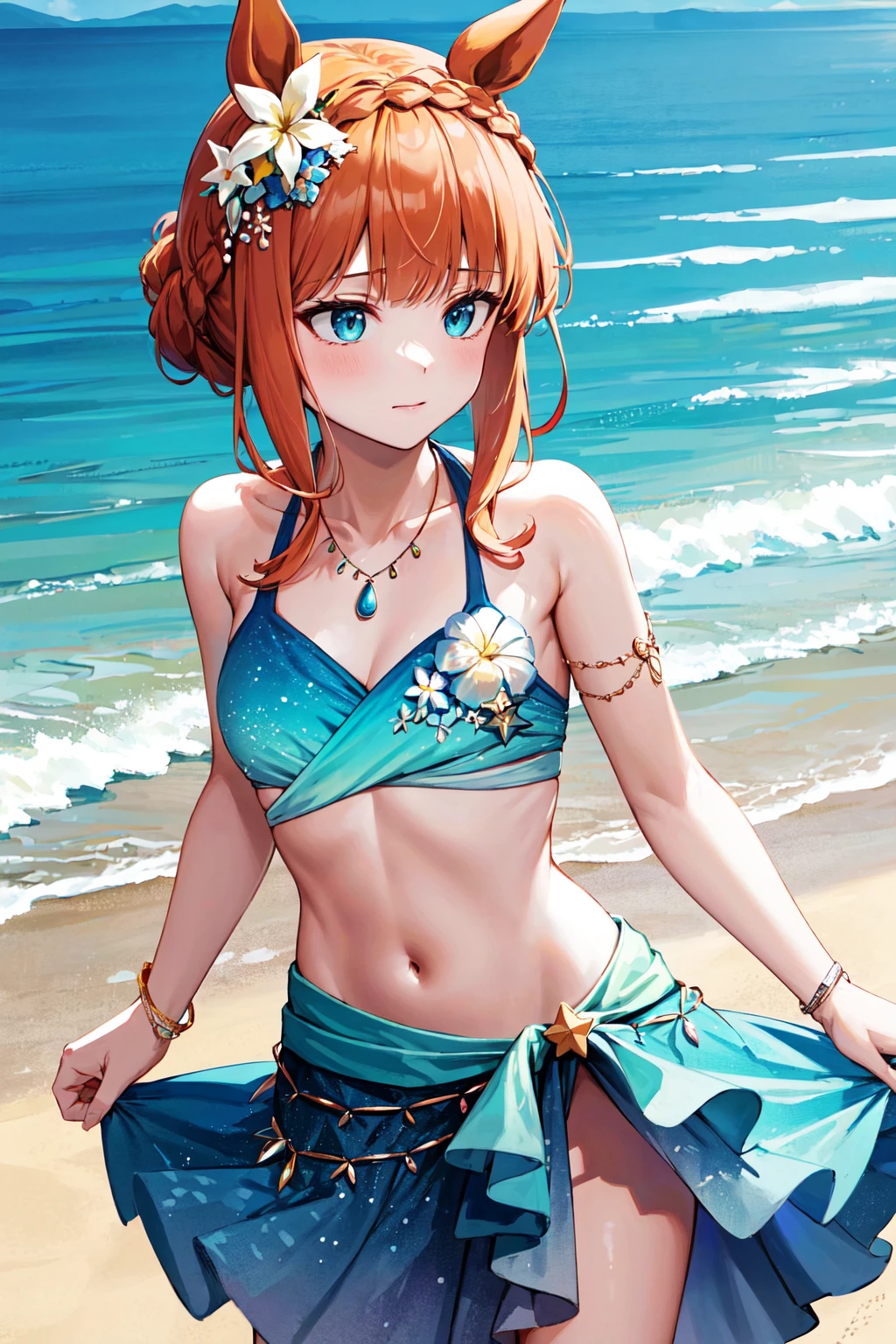 masterpiece, best quality, highres, ddsuzuka, braid, animal ears, hair flower, horse tail, necklace, collarbone, swimsuit, bikini, sarong, <lora:silence_suzuka_v1:0.7>, beach, cowboy shot, standing,