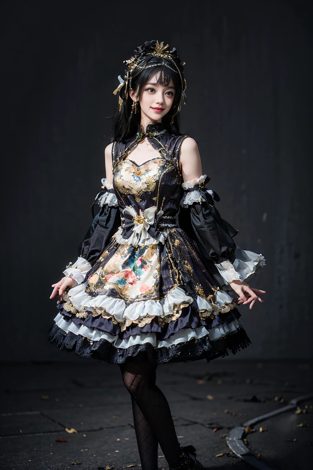 best quality, masterpiece, realistic, (photorealistic:1.4), 1girl, solo, full body, smile, cns dress, frilled dress, hair ornament, black pantyhose, detailed background, standing, arms behind back, <lora:cns_dress_style5_v1:0.7>