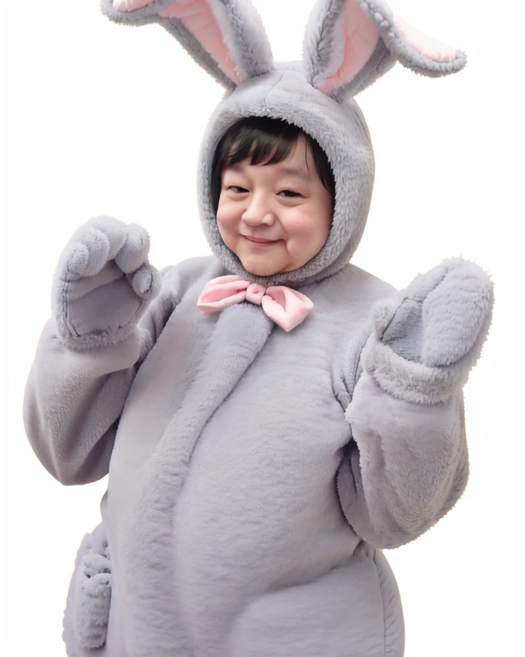 rabbit hood, matching outfit, bunny hat, rabbit costume, MGBNY, (mokomoko:0.5), mokobunny, fake animal ears, rabbit ears, <lora:FPBC_v1:0.7>, mature beard 66 years old fat man, gray_monobunny, white_background, fur_gloves, oven mitts