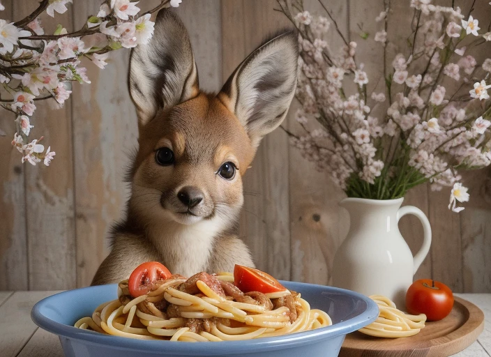 A (kawaii blue furred deer fawn:1.0) looking up at you from a bowl [:of spaghetti. (foodporn:1.0), meat, cheese, tomato sauce, italian, pasta:0.3].  blue fur, cherry blossoms
 <lora:FoodPorn_v2:1.0>