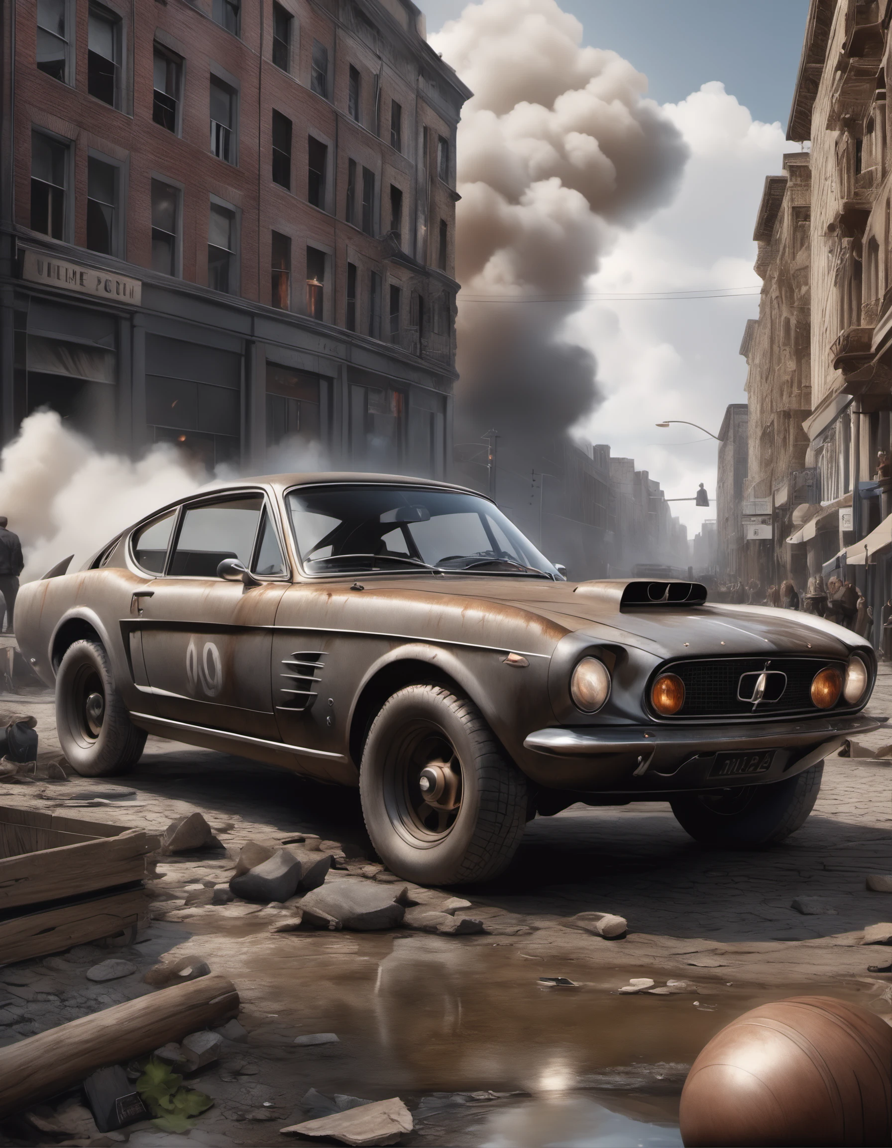 ((detailed dieselpunk sports cars)), destroyed city after nuclear blast, post apocalyptic, warzone, fire , smoke, high quality photography, 3 point lighting, flash with softbox, 4k, Canon EOS R3, hdr, smooth, sharp focus, high resolution, award winning photo, 80mm, f2.8, bokeh
, detailed, realistic, 8k uhd, high quality