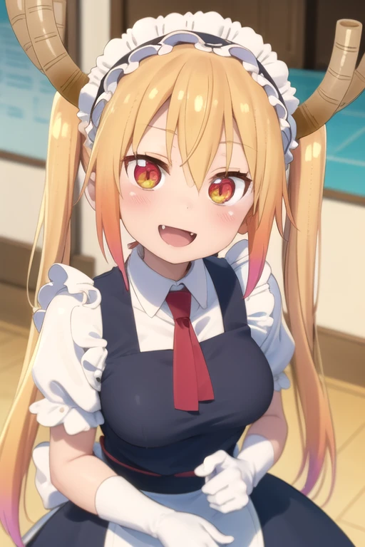 (((pixel-perfect, detail-perfect, photo-perfect))), solo, 1girl, <lora:tohru-maidragon:0.8>, tohru, maid, maid headdress, gloves, looking at viewer, smile, :d, open mouth, fang