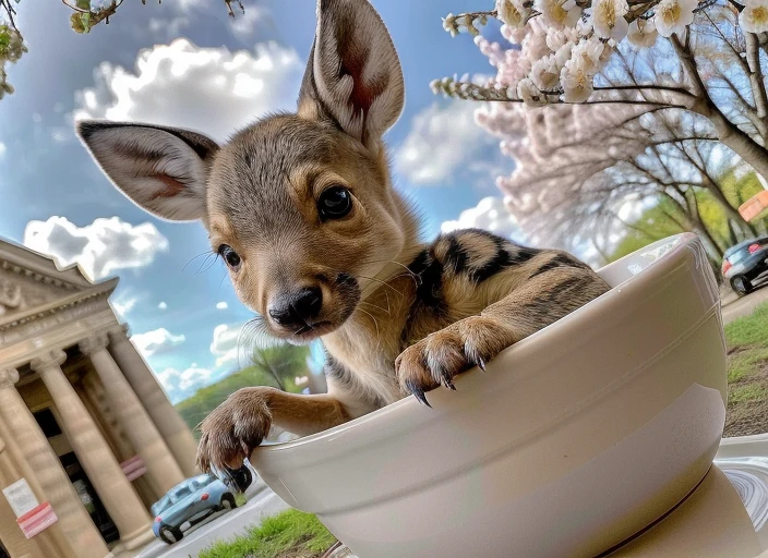 A (kawaii blue deer fawn:1.0) looking up at you from a bowl [:of spaghetti. (foodporn:1.0), meat, cheese, tomato sauce, italian, pasta:0.4]. <'EM_1'> , cherry blossoms, great library of alexandria
 <lora:FoodPorn_v2:1.0>