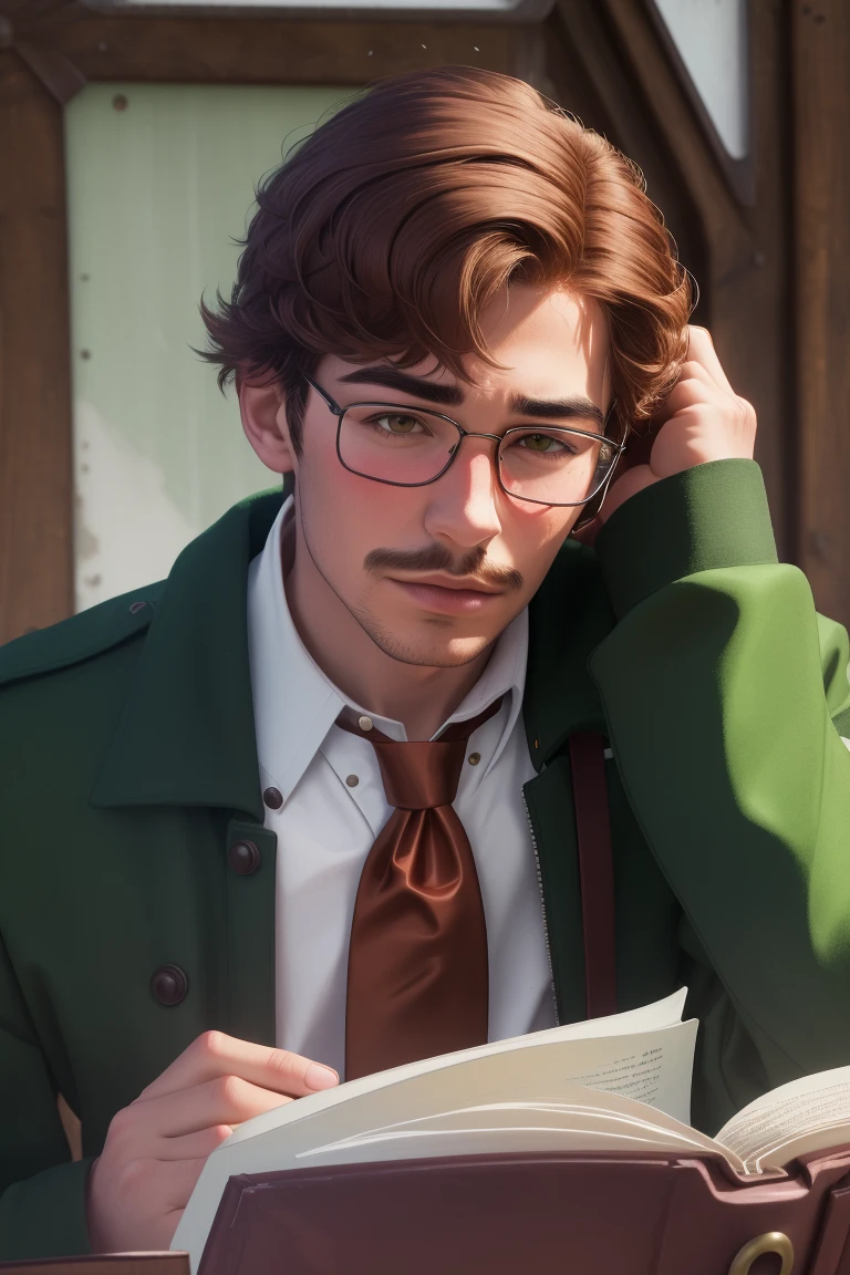 masterpiece, best quality, harvey sdv, 1boy, solo, holding book, brown hair, red necktie, reading, collared shirt, white shirt, short hair, upper body, green jacket, brown eyes, bangs, portrait