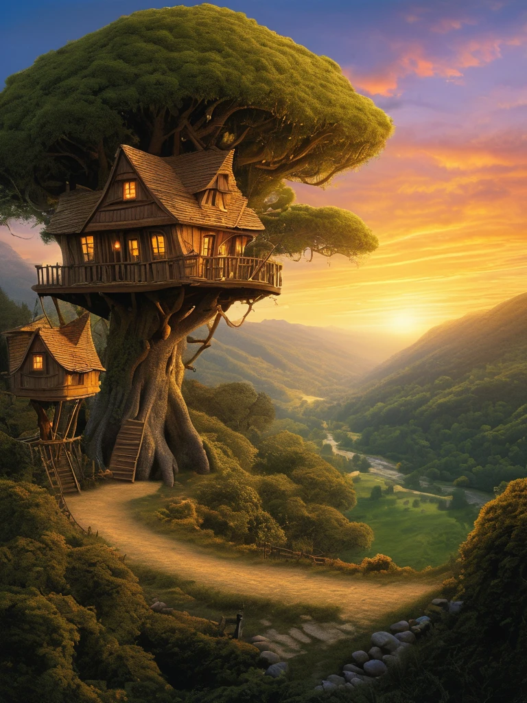 valley, fairytale treehouse village covered, , matte painting, highly detailed, dynamic lighting, cinematic, realism, realistic, photo real, sunset, detailed, high contrast, denoised, centered, michael whelan