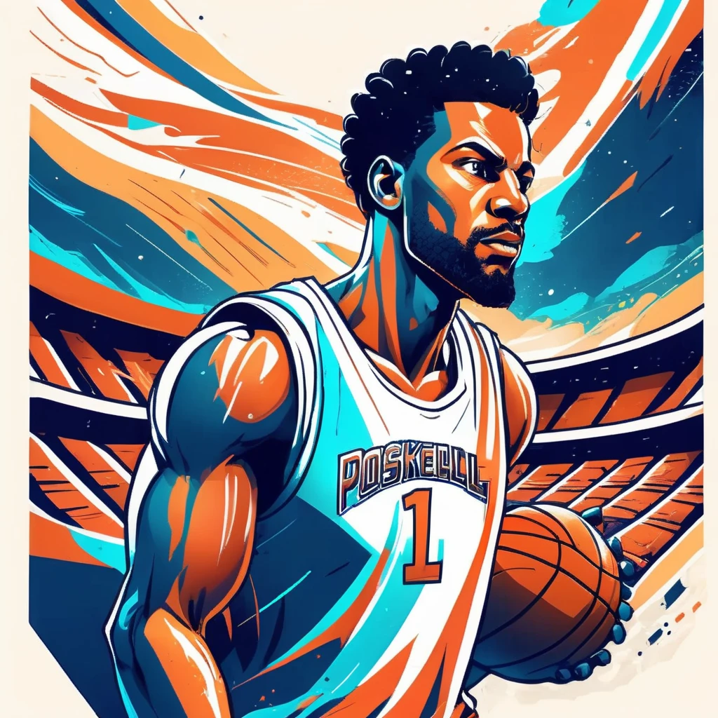 Athletic T-shirt, Basketball Player Character, Stadium Landscape, Team Color Palette, Jersey Texture, Dynamic Lineart, Action Perspective
, TshirtDesignAF<lora:TshirtDesignAF:1>
