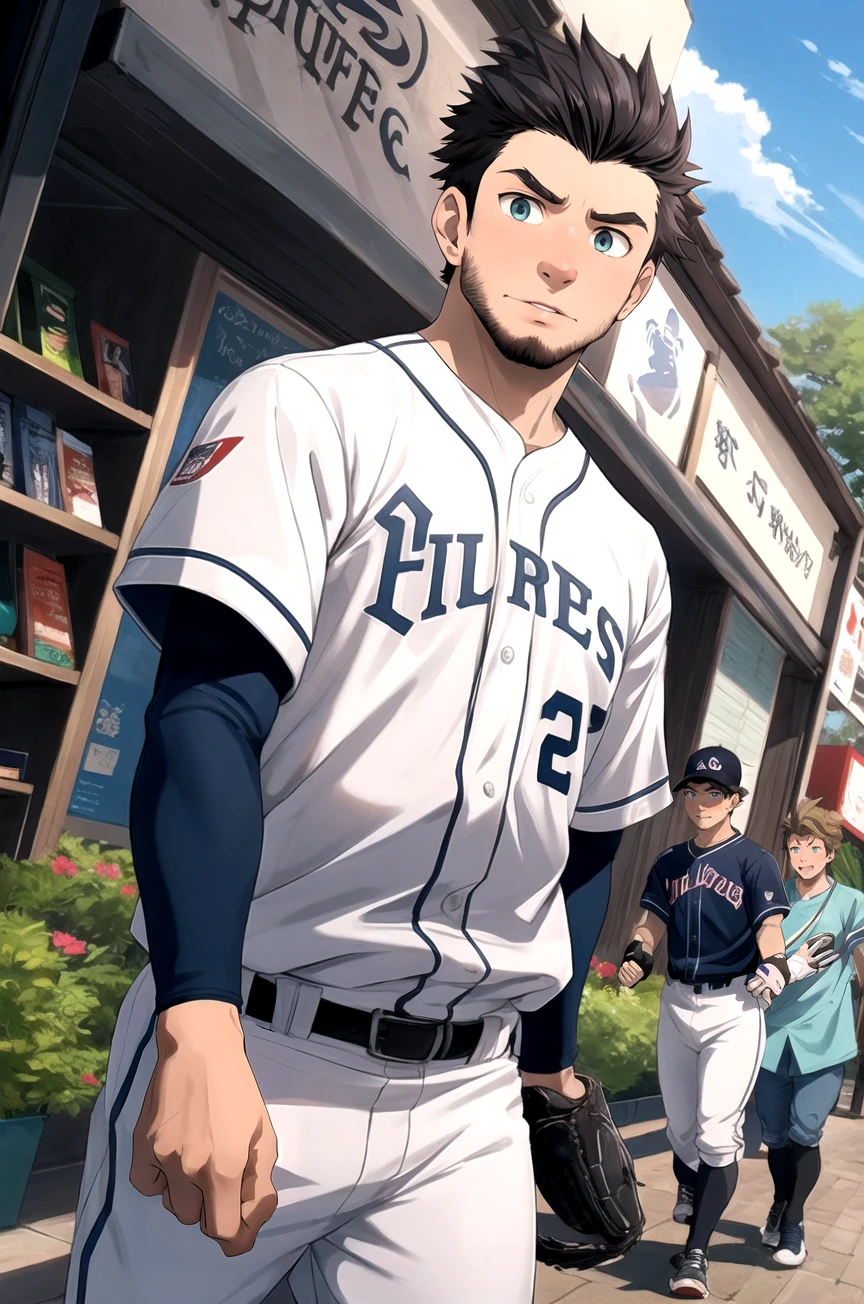 anime cg, adult, scruffy, next to each other, 23yo, friendly atmosphere, tan skin, bright skin, male focus, bright colors, manly, cheery, worried, blush, expressive, two happy male baseball players looking around a shop, walking, ikemen, goatee, sideburns, manga shop, having a look, curious,short hair, spiky hair, quiff, detailed face, detailed background, blue eyes, green eyes, dutch angle