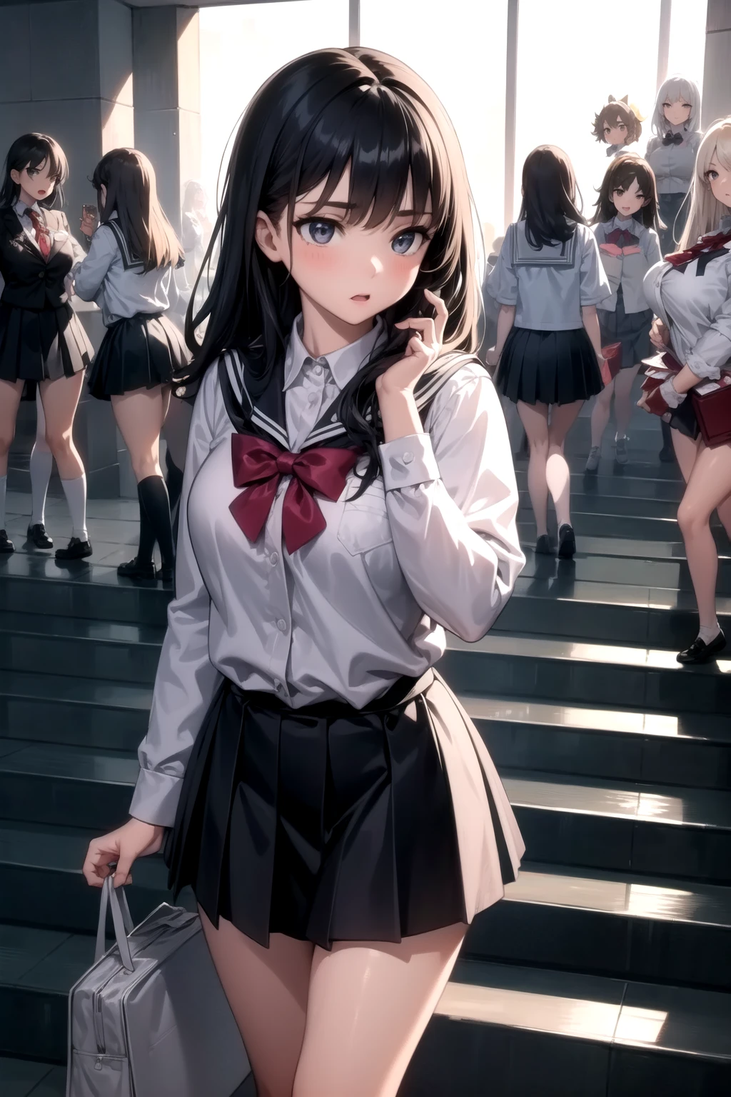 <lora:school_stairs_v0.5:1>
1girl, school stairs, school uniform, multiple girls, 6+girls, crowd,, masterpiece, best quality, highly detailed