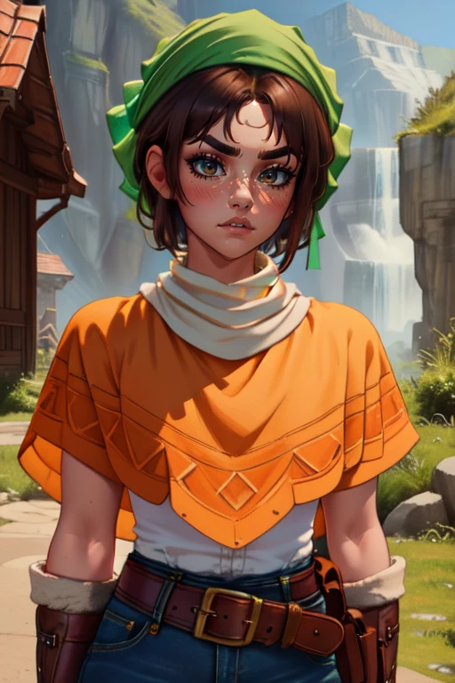 Toan,short brown hair,thick eyebrows,(Solo) upper body,   blush,  nervous, 
orange poncho, denim jeans, green bandana,  white feathers, crested brown gloves, brown boots, belt,  white turtleneck, 
small village, mountains,
standing, facing viewer, 
(insanely detailed, beautiful detailed face, masterpiece, best quality) 
<lora:Toan-10v3:0.7>,