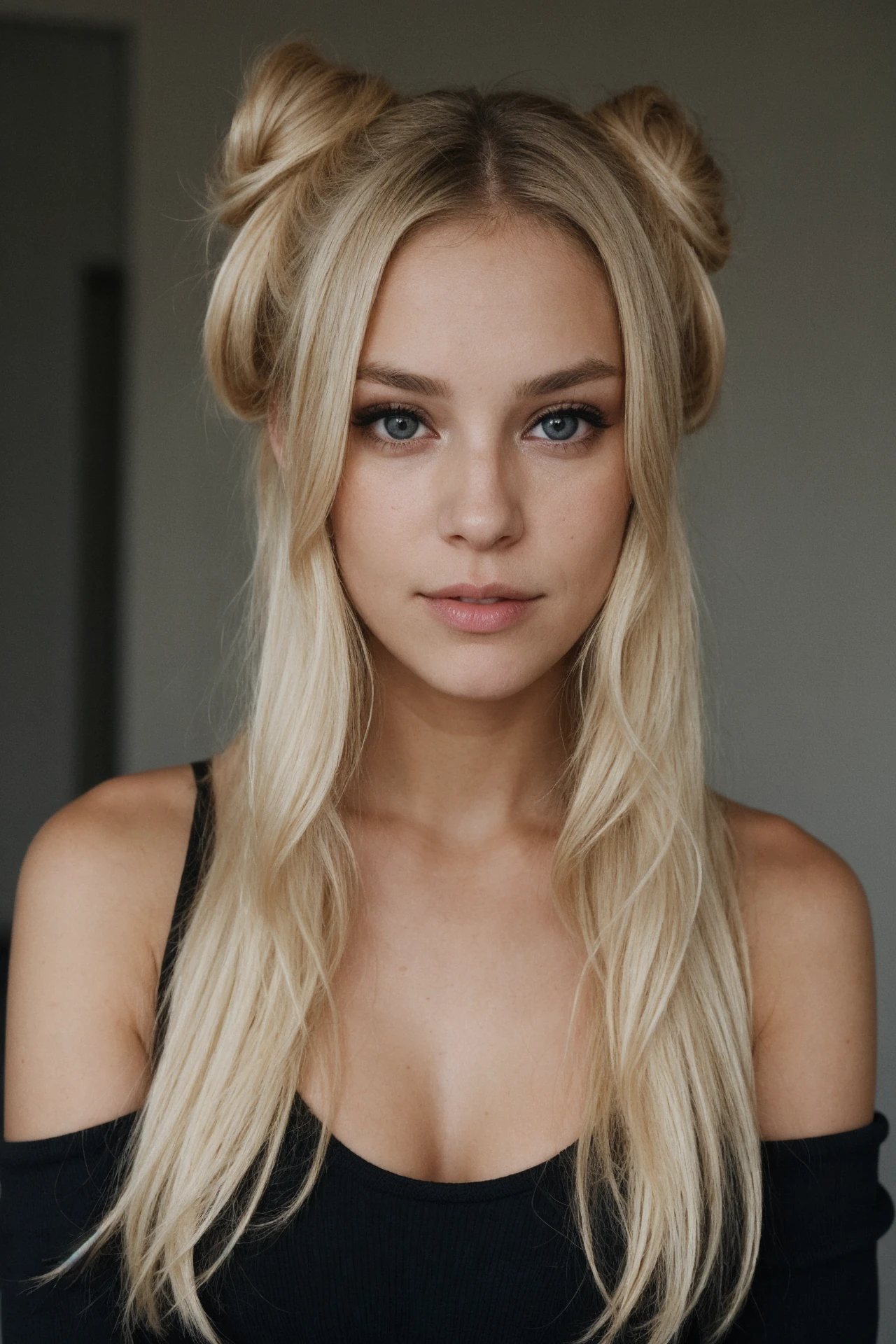 an eye contact of a blond with bun hair and dark theme