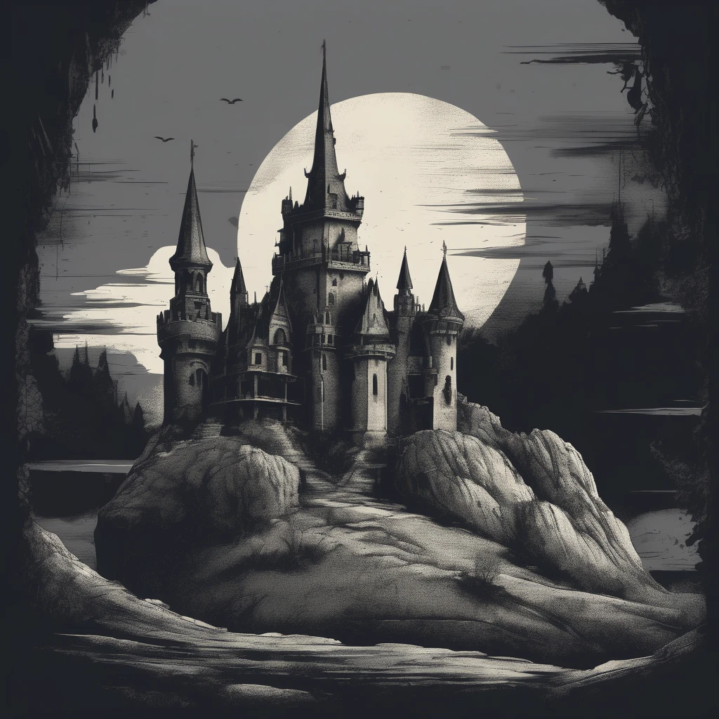 Gothic T-shirt, Skull Object, Haunted Castle Landscape, Dark Monochrome Color Palette, Rough Stone Texture, Etching Style, Dramatic Perspective
, TshirtDesignAF<lora:TshirtDesignAF:1>