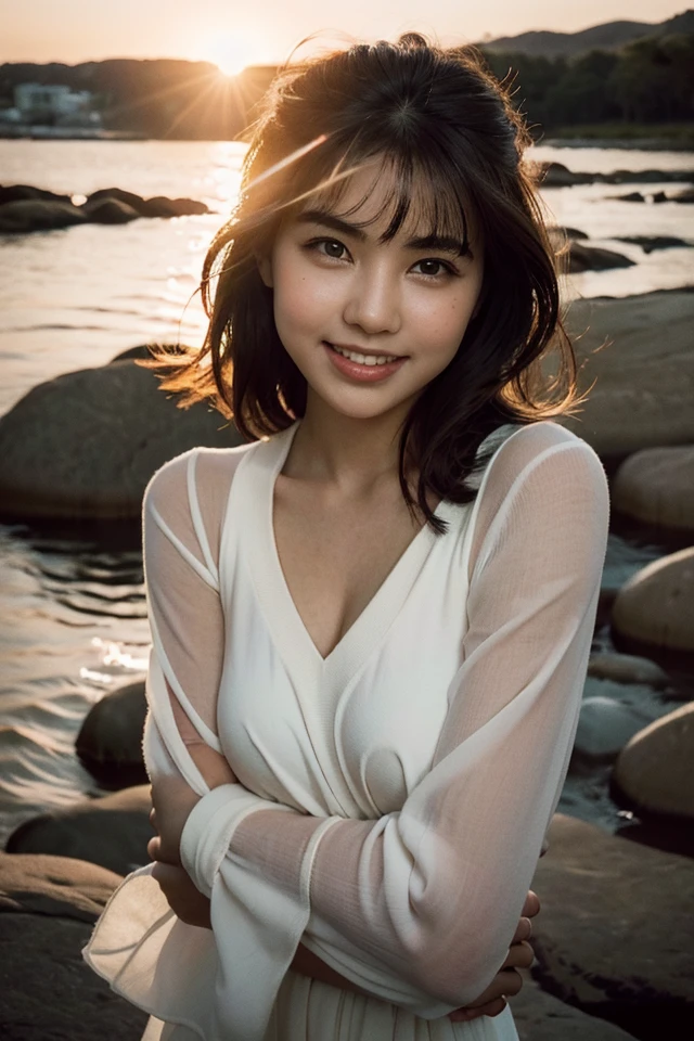pictorialist style, photo of a Cheerful girl, arms crossed, close up on face, the sun is setting over a rocky river, anamorphic lens flare, high dynamic range, overcast lighting, dutch angle, Kodak Vision3 IMAX, soft focus, Detailed,Best Quality,Luxurious