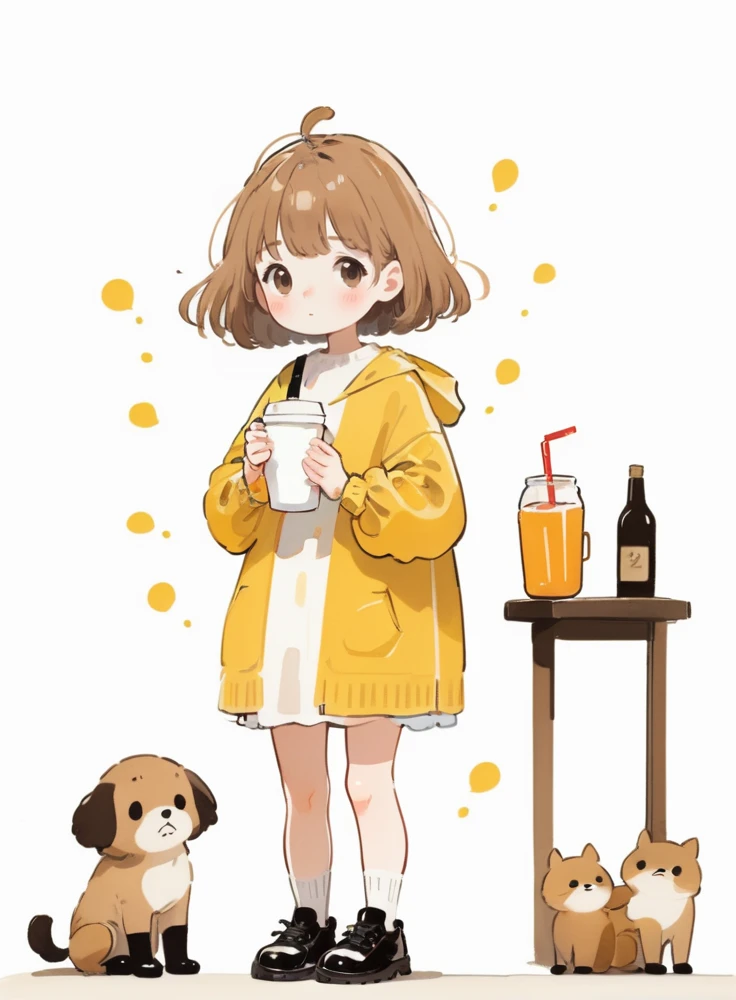 cute comic, 1girl, solo, holding, shoes, socks, long sleeves, short hair, white background, simple background, cup, bangs, blush stickers, standing, holding cup, full body, black footwear, looking at viewer, drinking straw, white socks, puffy long sleeves, brown hair, drink, holding drink, no nose, puffy sleeves, shadow, black eyes, expressionless, blunt bangs, dress, light brown hair
 <lora:sdxl_cute_social_comic-000002:0.65>