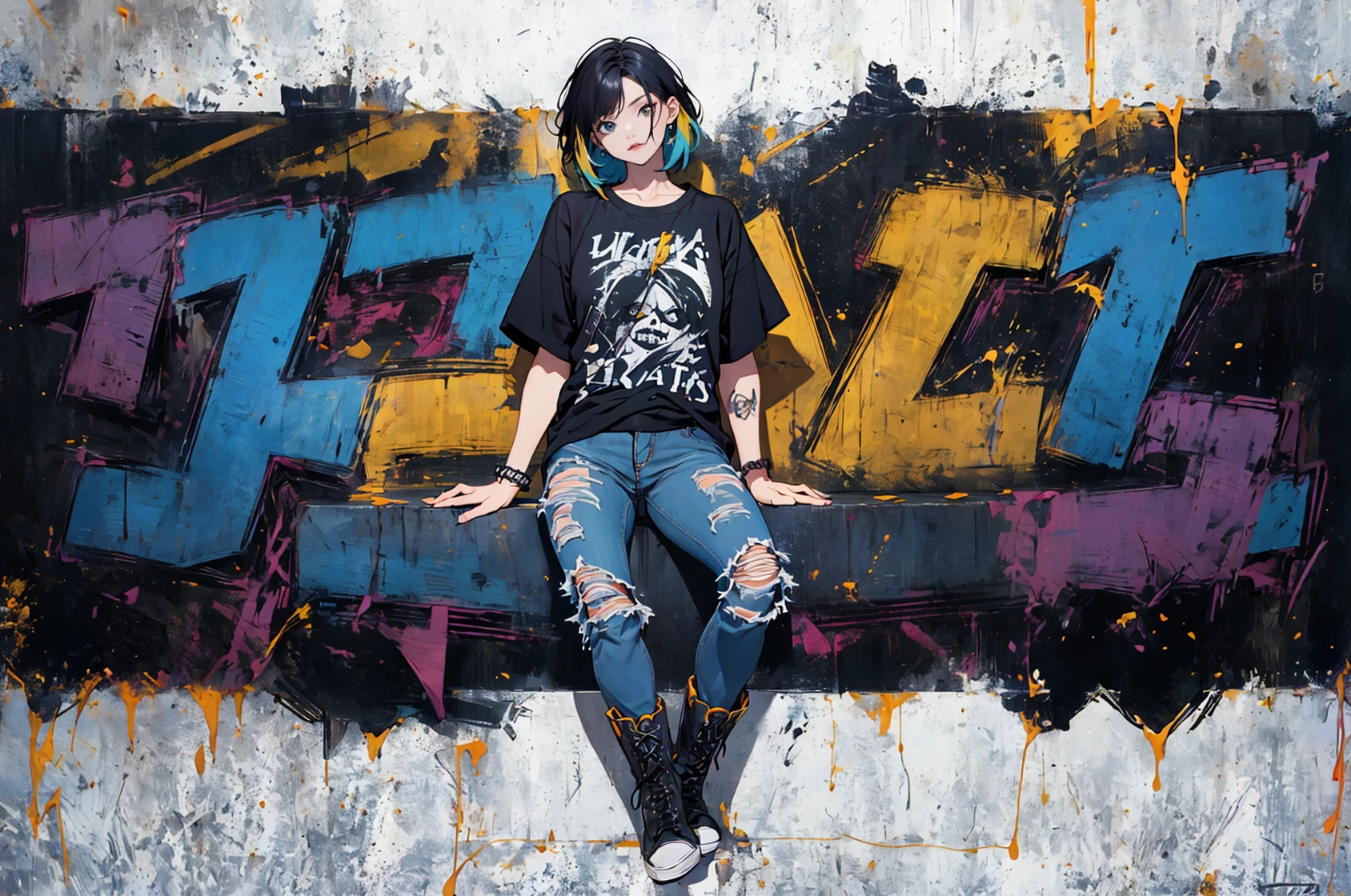 absurdres, highres, ultra detailed, (girl:1.3), poster design
BREAK
, grunge style, distressed clothing, oversized flannels, ripped jeans, combat boots, band tees, dark colors, rebellious accessories
BREAK
, Capture the bold, vibrant energy of graffiti art, with dynamic shapes, vivid colors, and a sense of urban culture and rebellion.