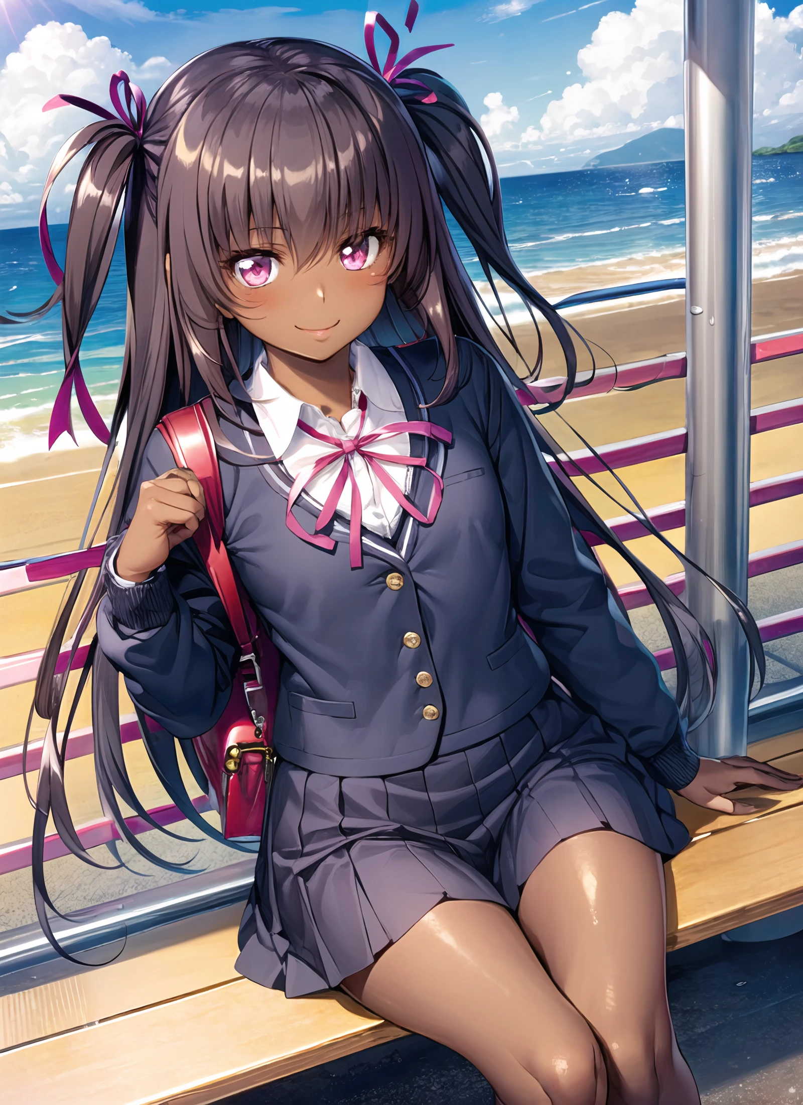 <lora:aoi-8-resize-1024-64-adam:0.8> Mizuki Yukikaze, brown hair, dark skin ,purple eyes, small breasts, ribbon, two side up, school uniform, school bag ,looking at viewer, smile,blue sky,portrait, v,1girl,sitting,sea,bus stop,, masterpiece, high quality,